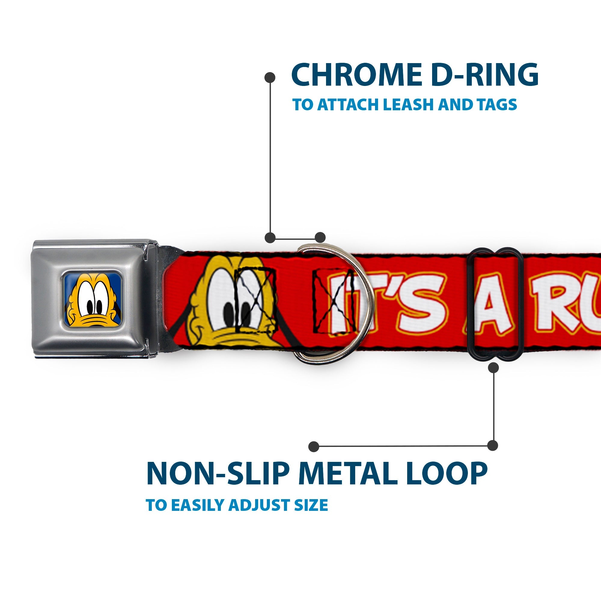 Pluto Face CLOSE-UP Full Color Blue Seatbelt Buckle Collar - Pluto 2-Pose ITS A RUFF LIFE Red/Yellow/White