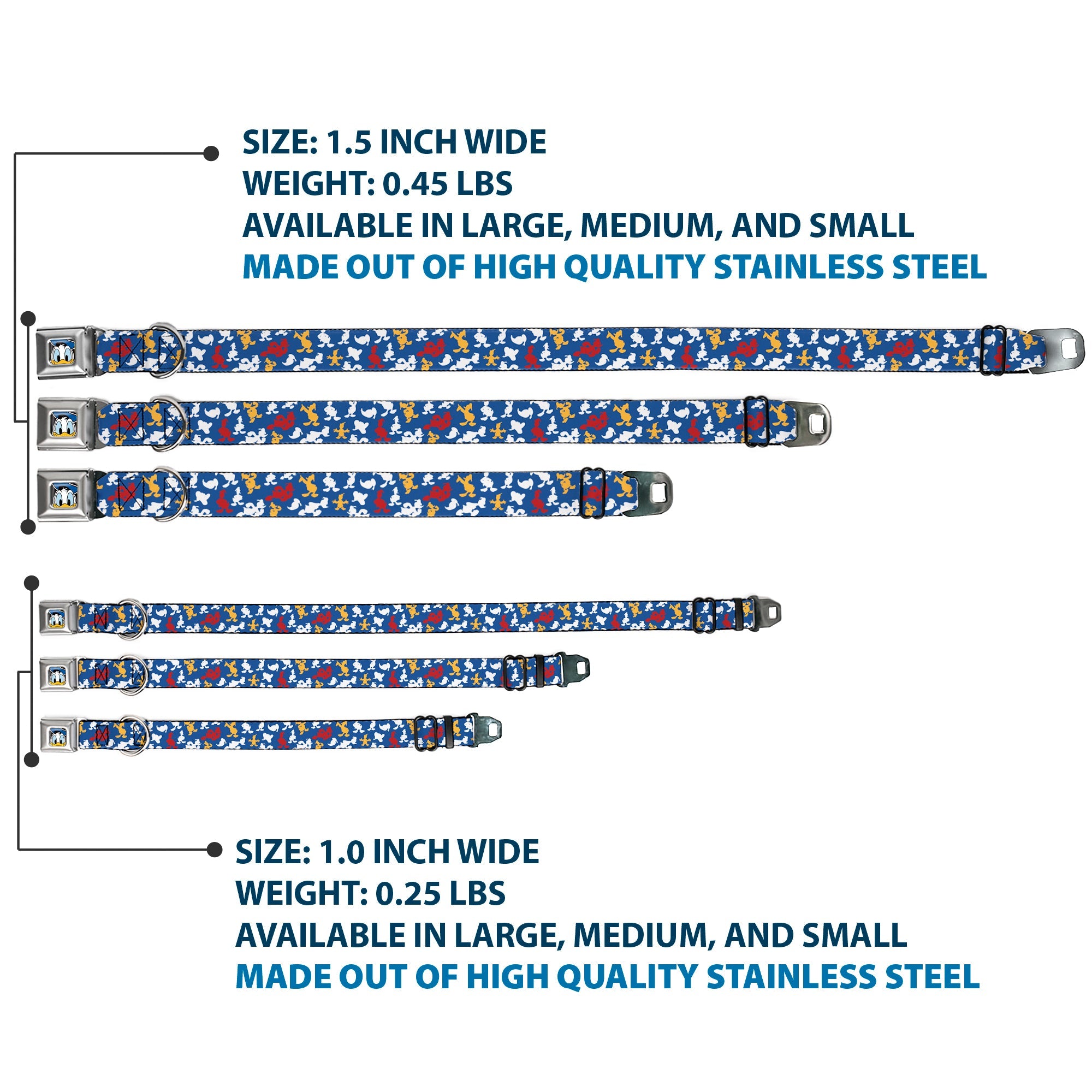 Donald Duck Face CLOSE-UP Full Color Seatbelt Buckle Collar - Donald Duck Face/Poses Scattered Blue/White/Red/Yellow