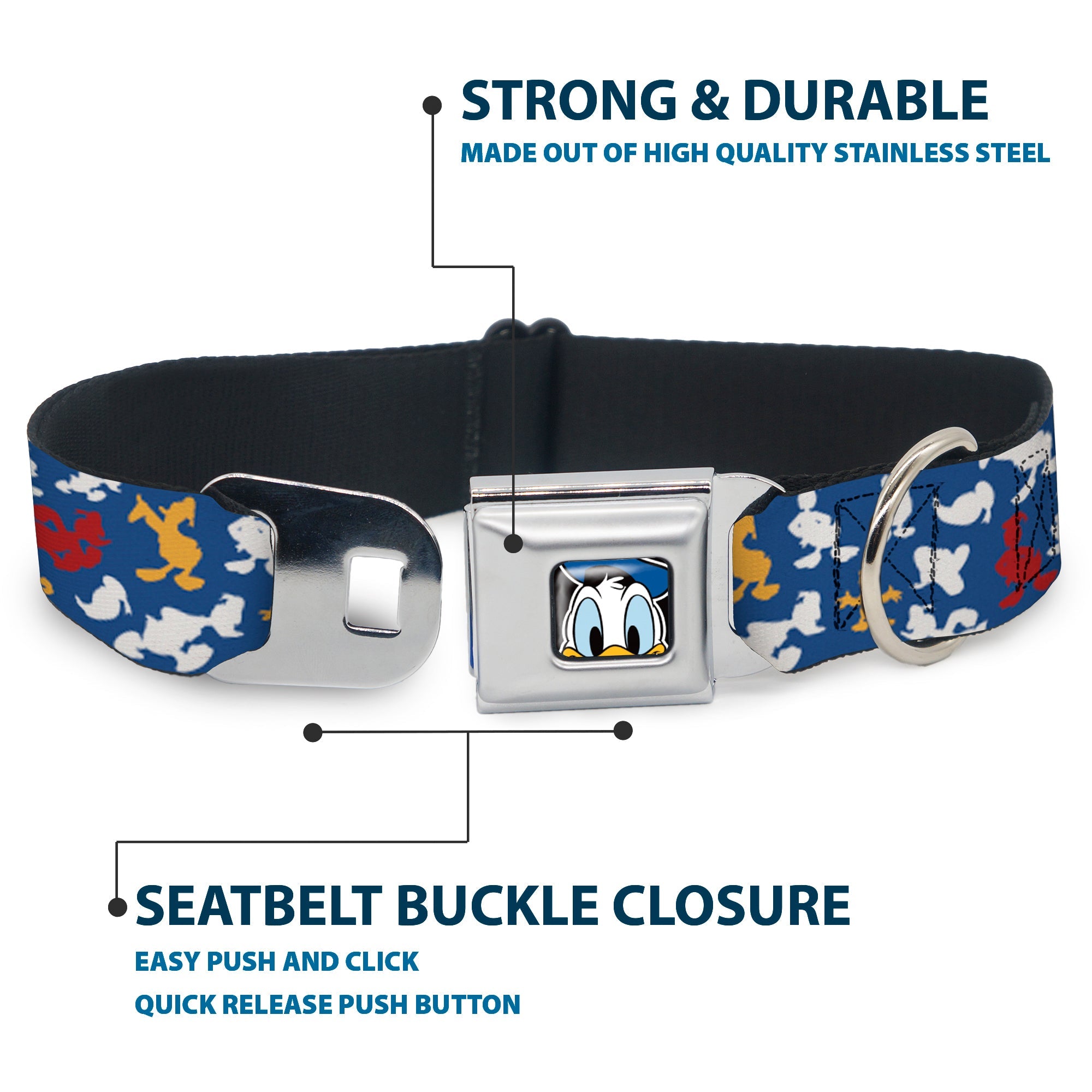 Donald Duck Face CLOSE-UP Full Color Seatbelt Buckle Collar - Donald Duck Face/Poses Scattered Blue/White/Red/Yellow
