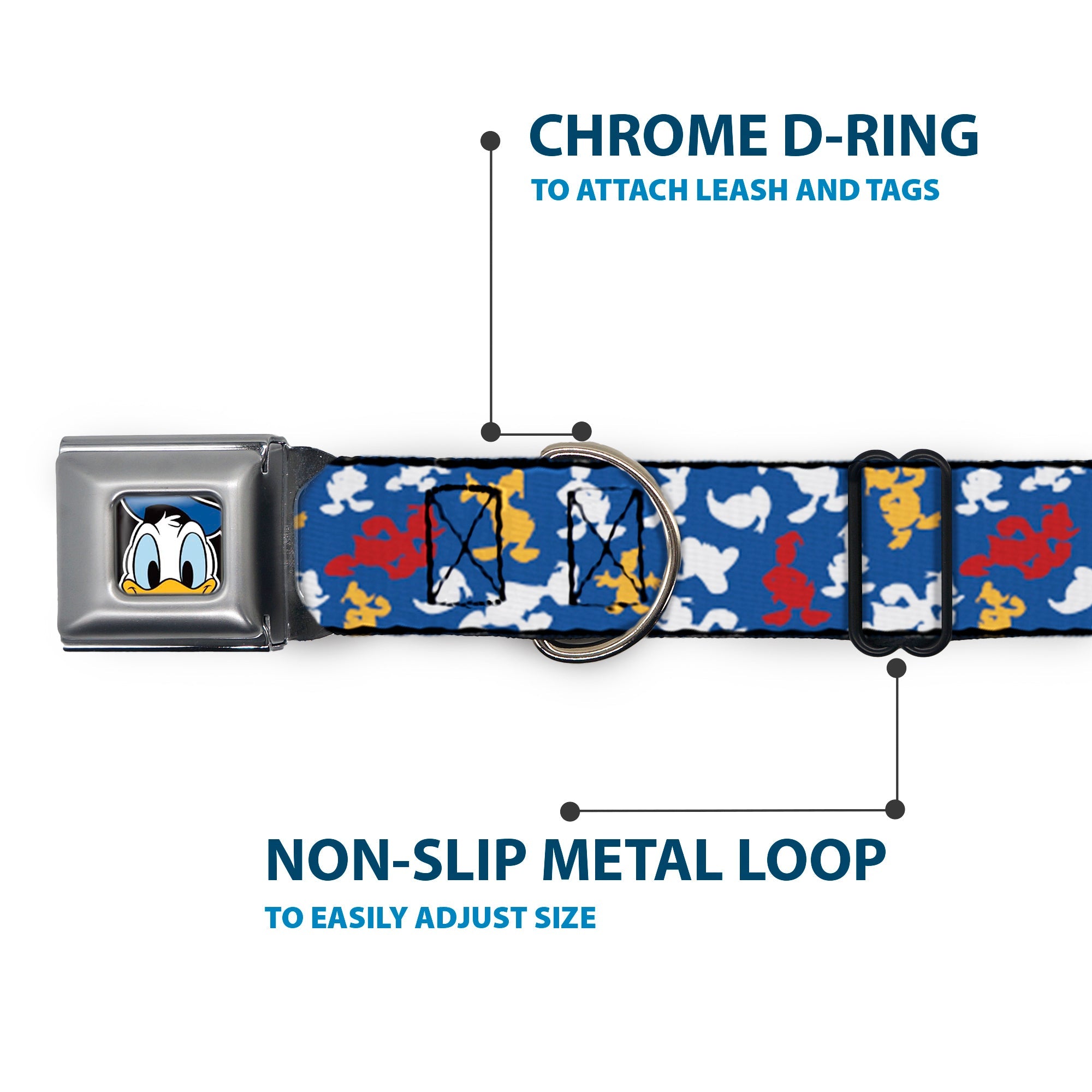 Donald Duck Face CLOSE-UP Full Color Seatbelt Buckle Collar - Donald Duck Face/Poses Scattered Blue/White/Red/Yellow