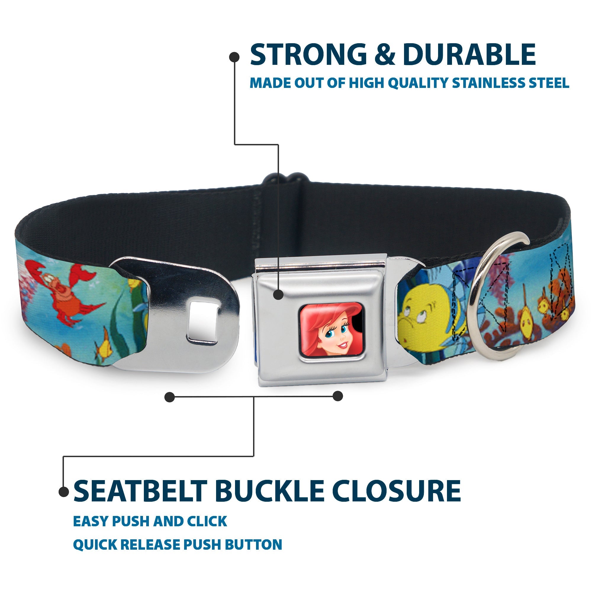 Ariel CLOSE-UP Full Color Seatbelt Buckle Collar - Ariel, Sebastian & Flounder Scene