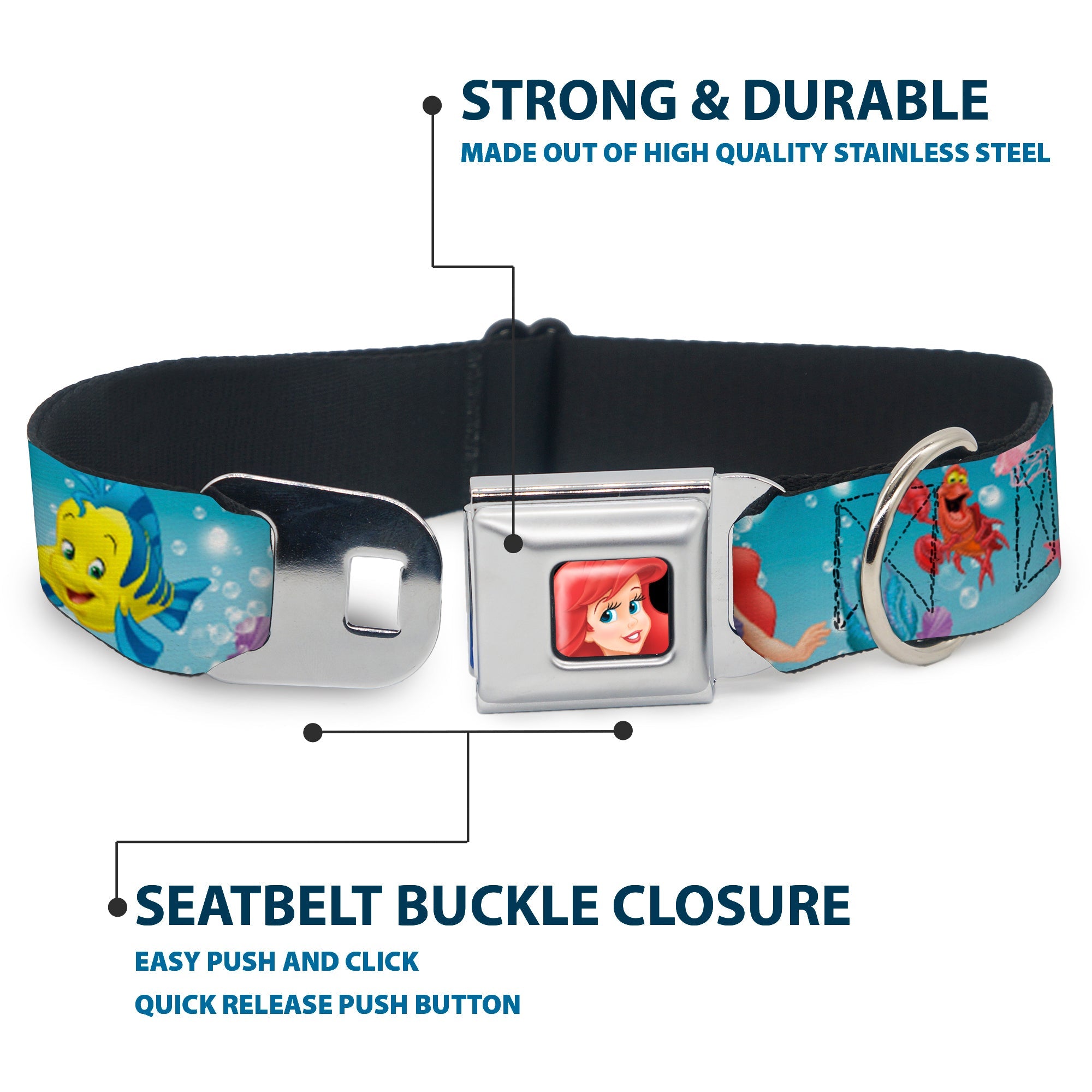 Ariel CLOSE-UP Full Color Seatbelt Buckle Collar - Ariel, Sebastian & Flounder Scene2