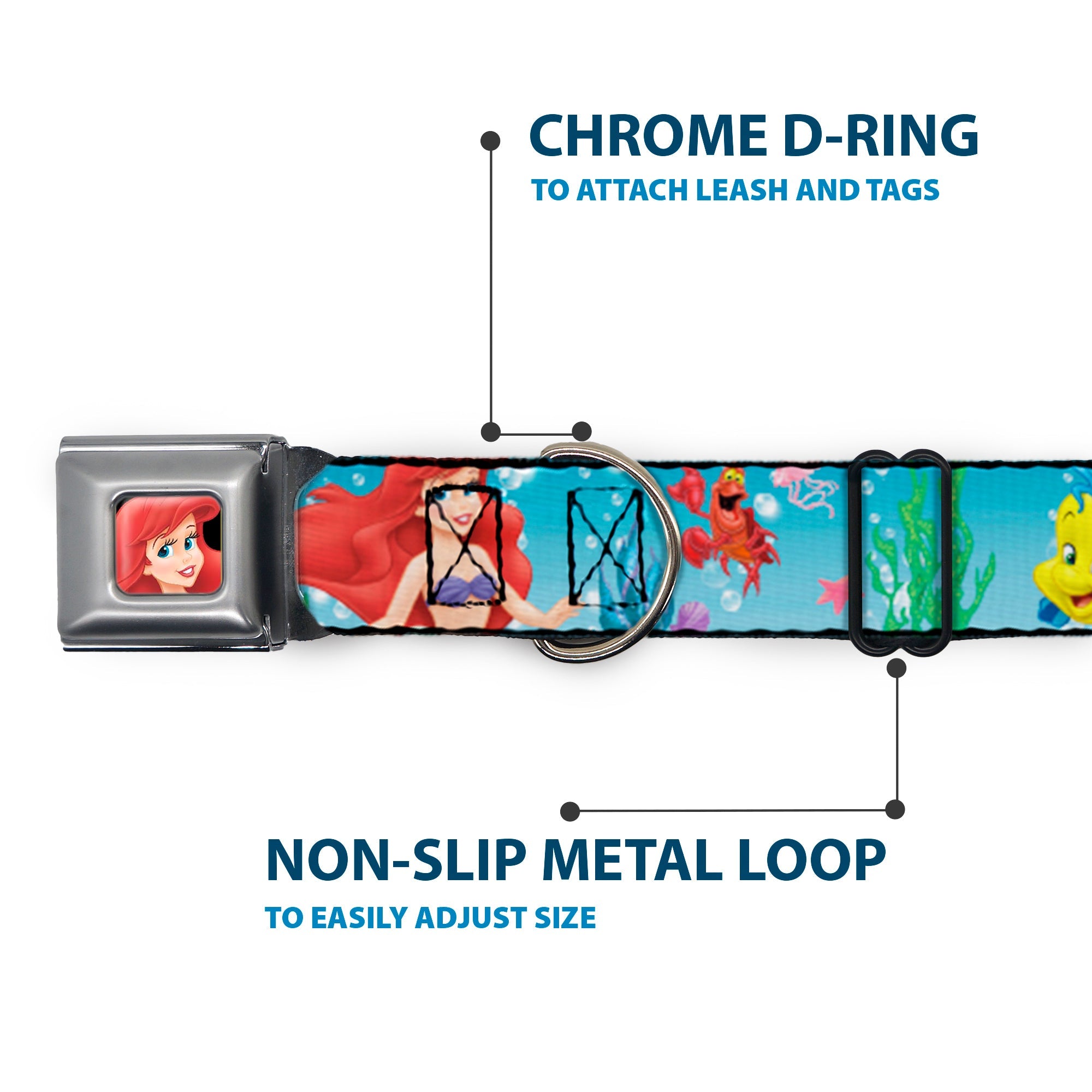 Ariel CLOSE-UP Full Color Seatbelt Buckle Collar - Ariel, Sebastian & Flounder Scene2
