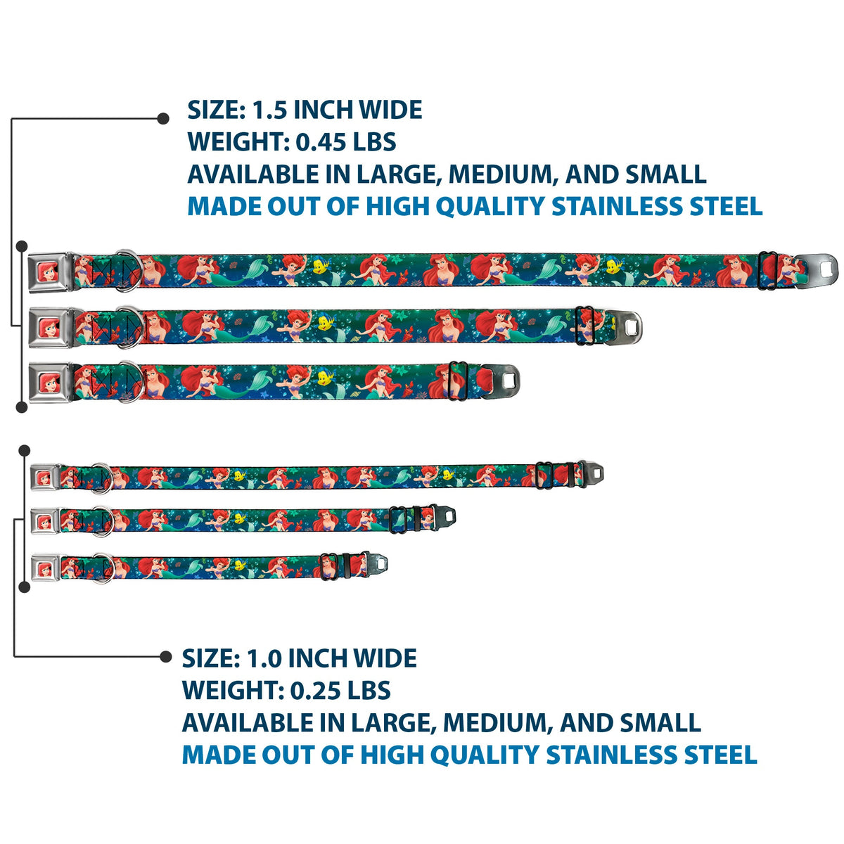 Ariel CLOSE-UP Full Color Seatbelt Buckle Collar - Ariel Poses w/Flounder Green/Blue Fade