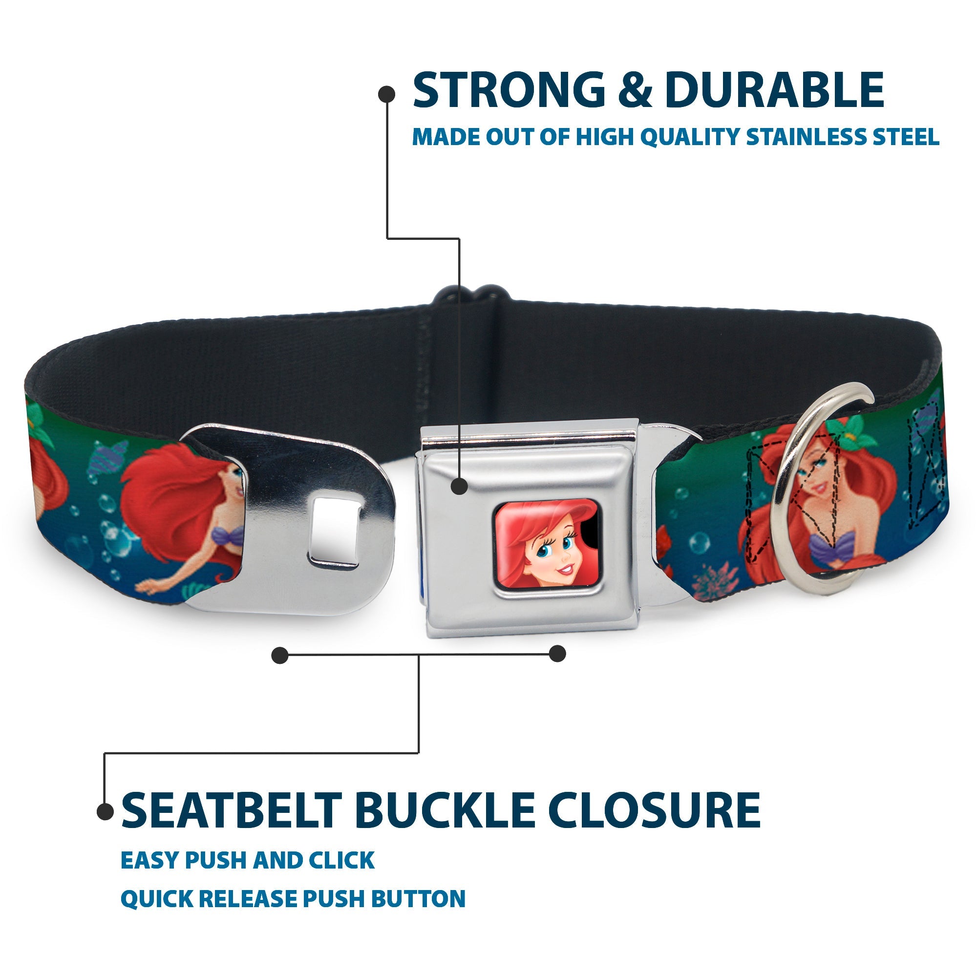 Ariel CLOSE-UP Full Color Seatbelt Buckle Collar - Ariel Poses w/Flounder Green/Blue Fade