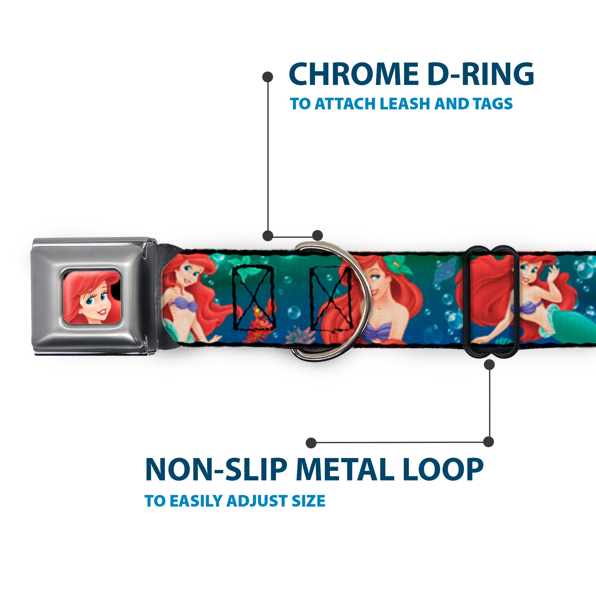 Ariel CLOSE-UP Full Color Seatbelt Buckle Collar - Ariel Poses w/Flounder Green/Blue Fade