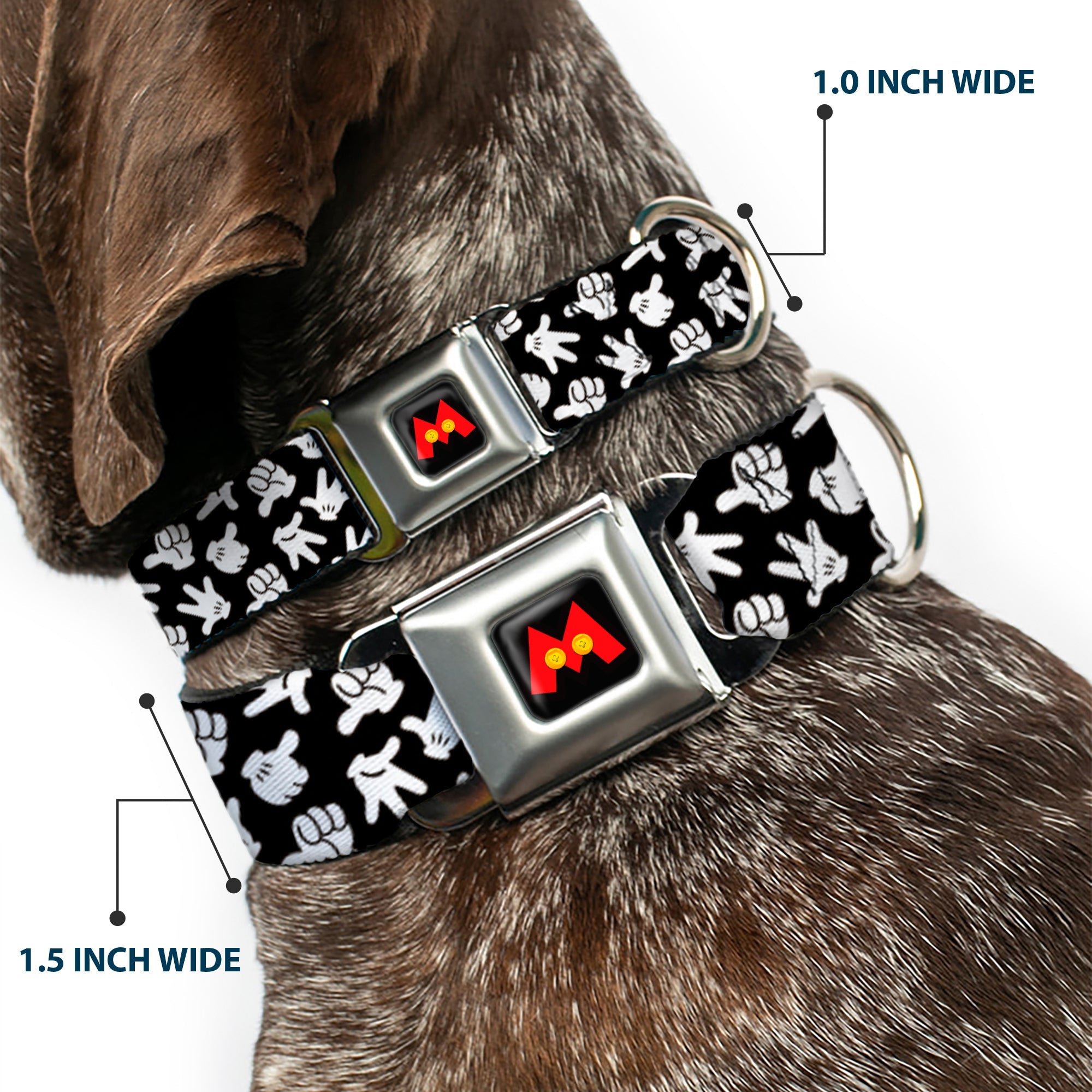Mickey Mouse M Icon Full Color Black/Red/Yellow Seatbelt Buckle Collar - Mickey Mouse Hand Gestures2 Scattered Black/White