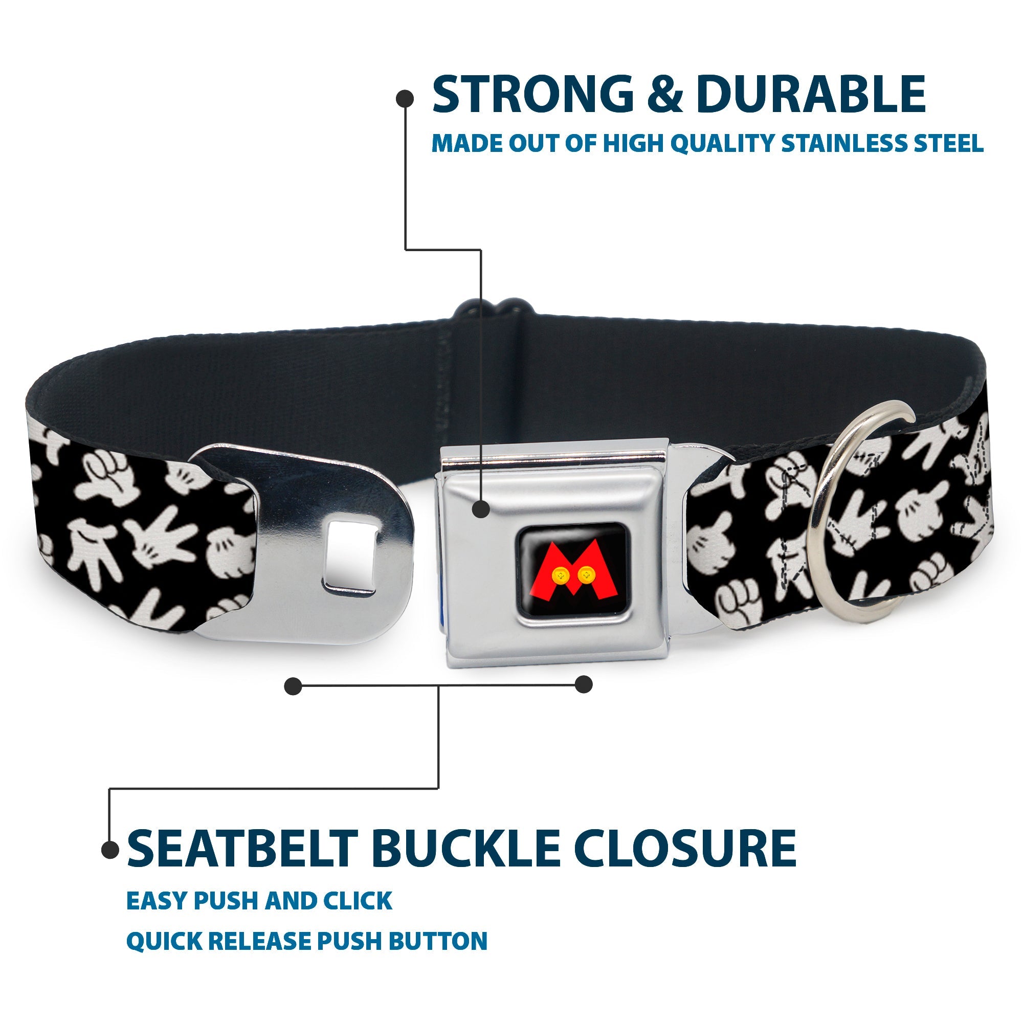Mickey Mouse M Icon Full Color Black/Red/Yellow Seatbelt Buckle Collar - Mickey Mouse Hand Gestures2 Scattered Black/White