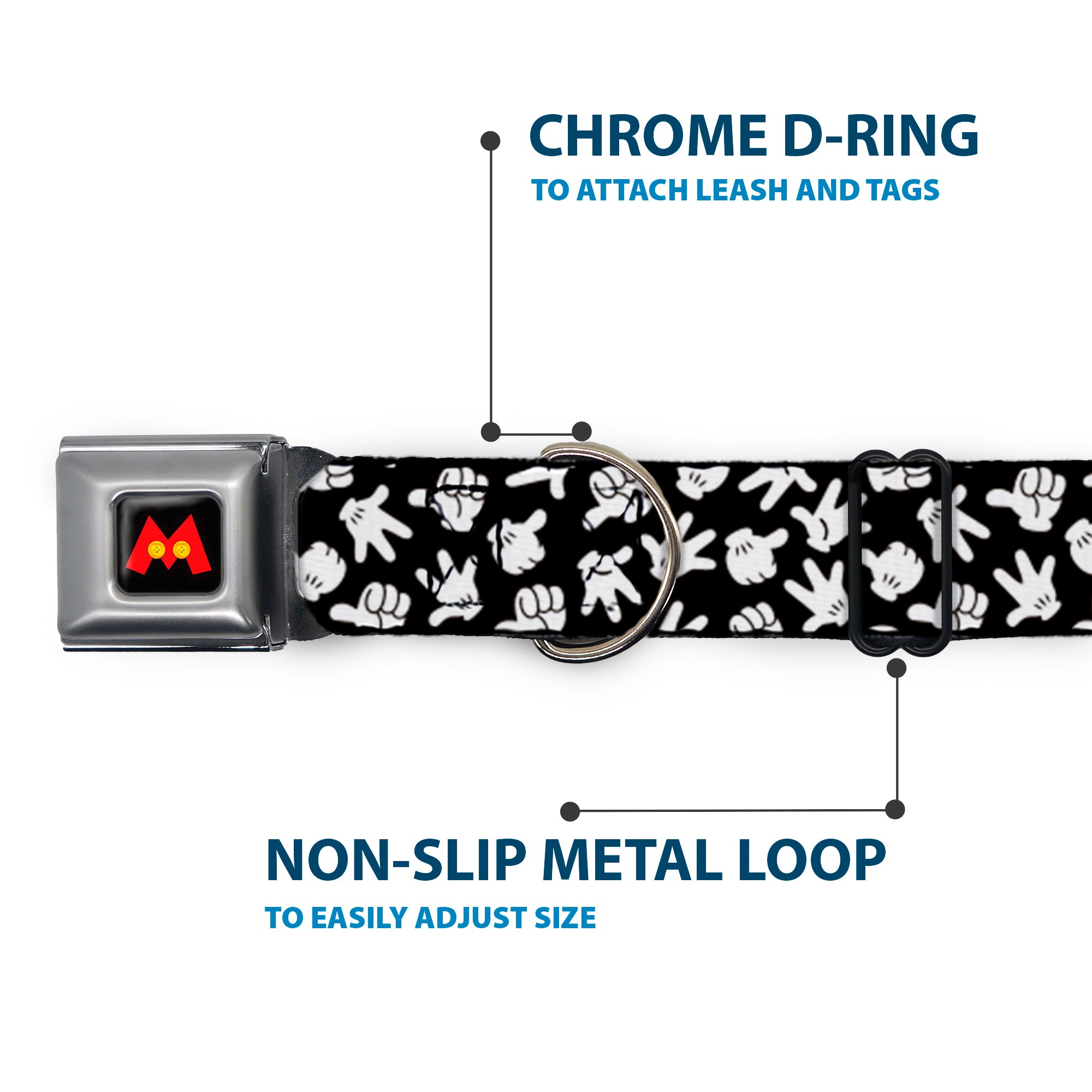 Mickey Mouse M Icon Full Color Black/Red/Yellow Seatbelt Buckle Collar - Mickey Mouse Hand Gestures2 Scattered Black/White