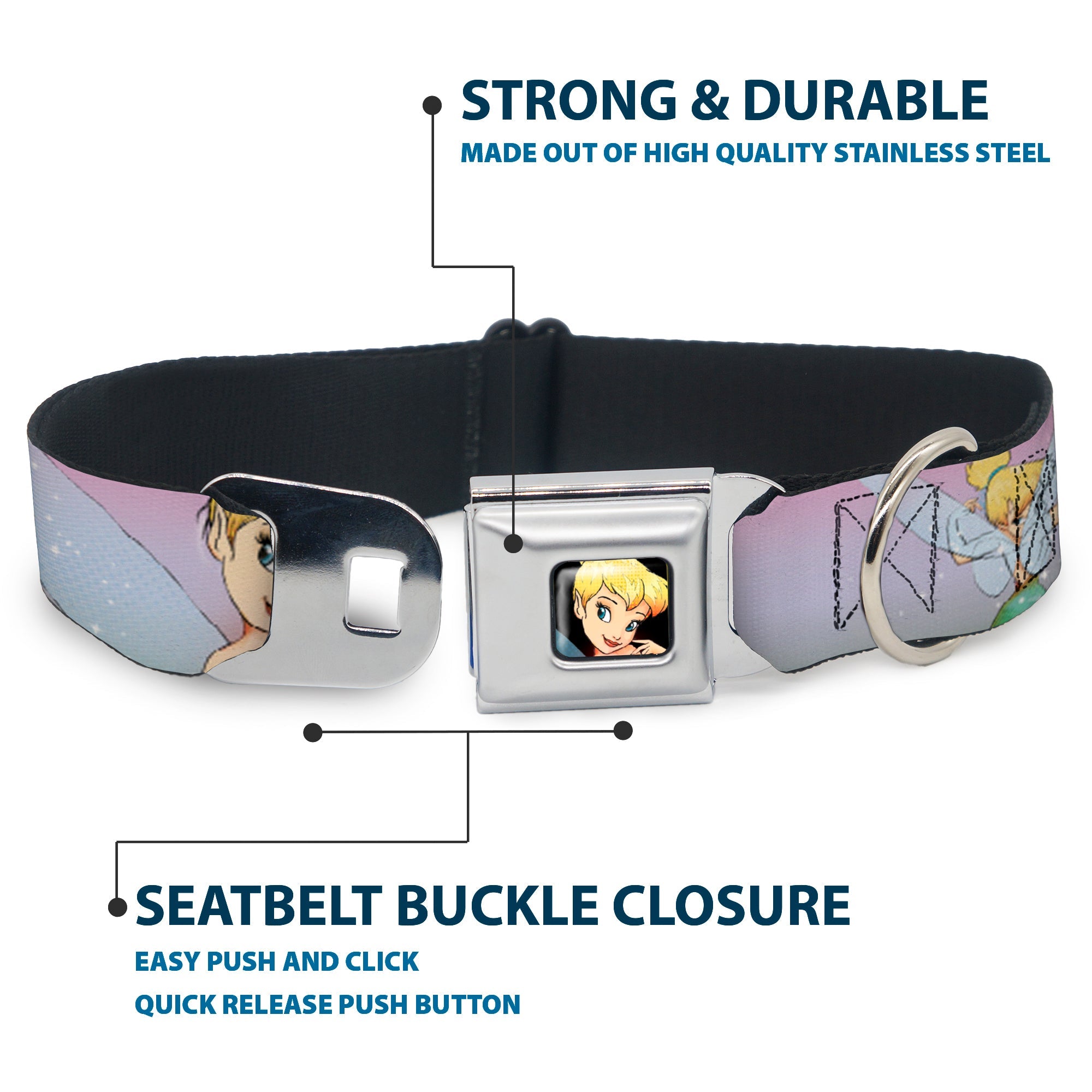 Tinker Bell CLOSE-UP Full Color Seatbelt Buckle Collar - Tinker Bell Poses Purple/Pink Fade