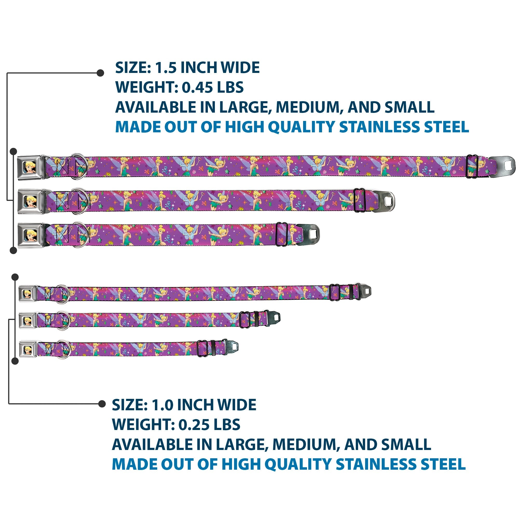 Tinker Bell CLOSE-UP Full Color Seatbelt Buckle Collar - Tinker Bell Poses/Flowers/Stars/Skull Purple
