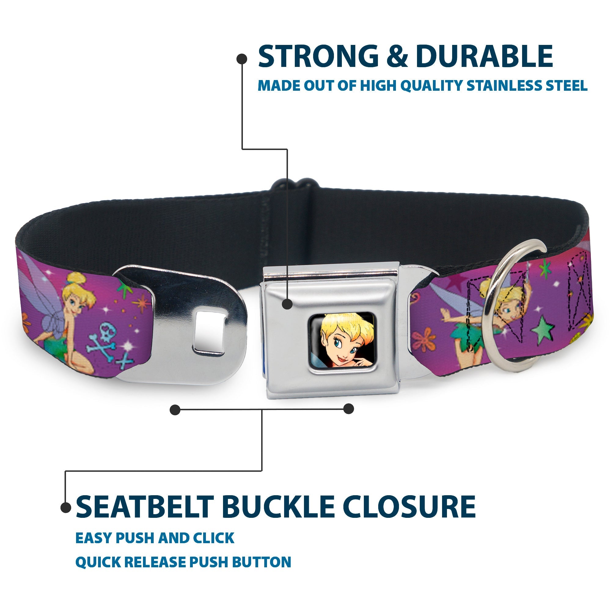 Tinker Bell CLOSE-UP Full Color Seatbelt Buckle Collar - Tinker Bell Poses/Flowers/Stars/Skull Purple