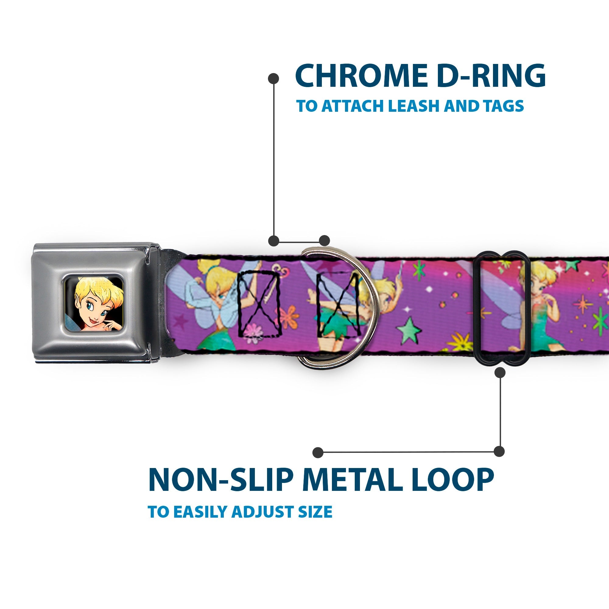 Tinker Bell CLOSE-UP Full Color Seatbelt Buckle Collar - Tinker Bell Poses/Flowers/Stars/Skull Purple