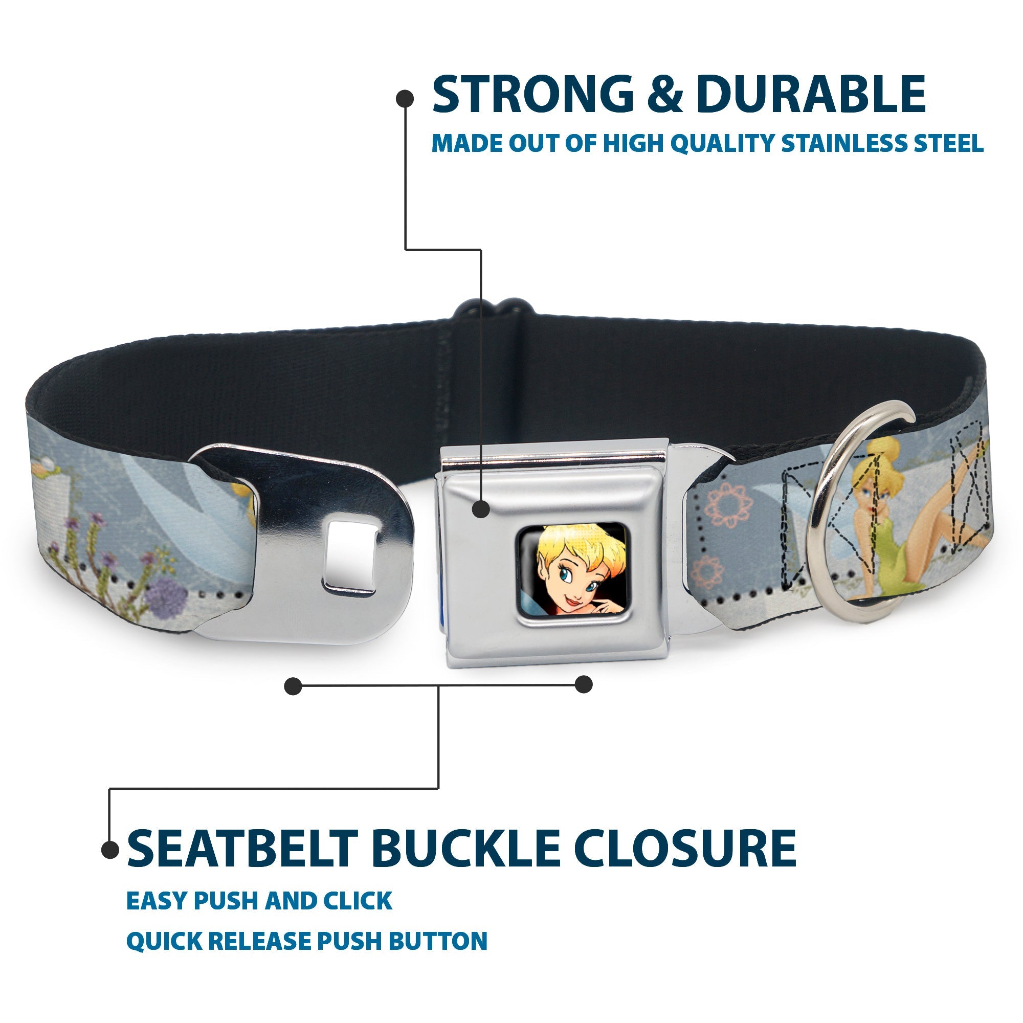 Tinker Bell CLOSE-UP Full Color Seatbelt Buckle Collar - Tinker Bell Garden Poses