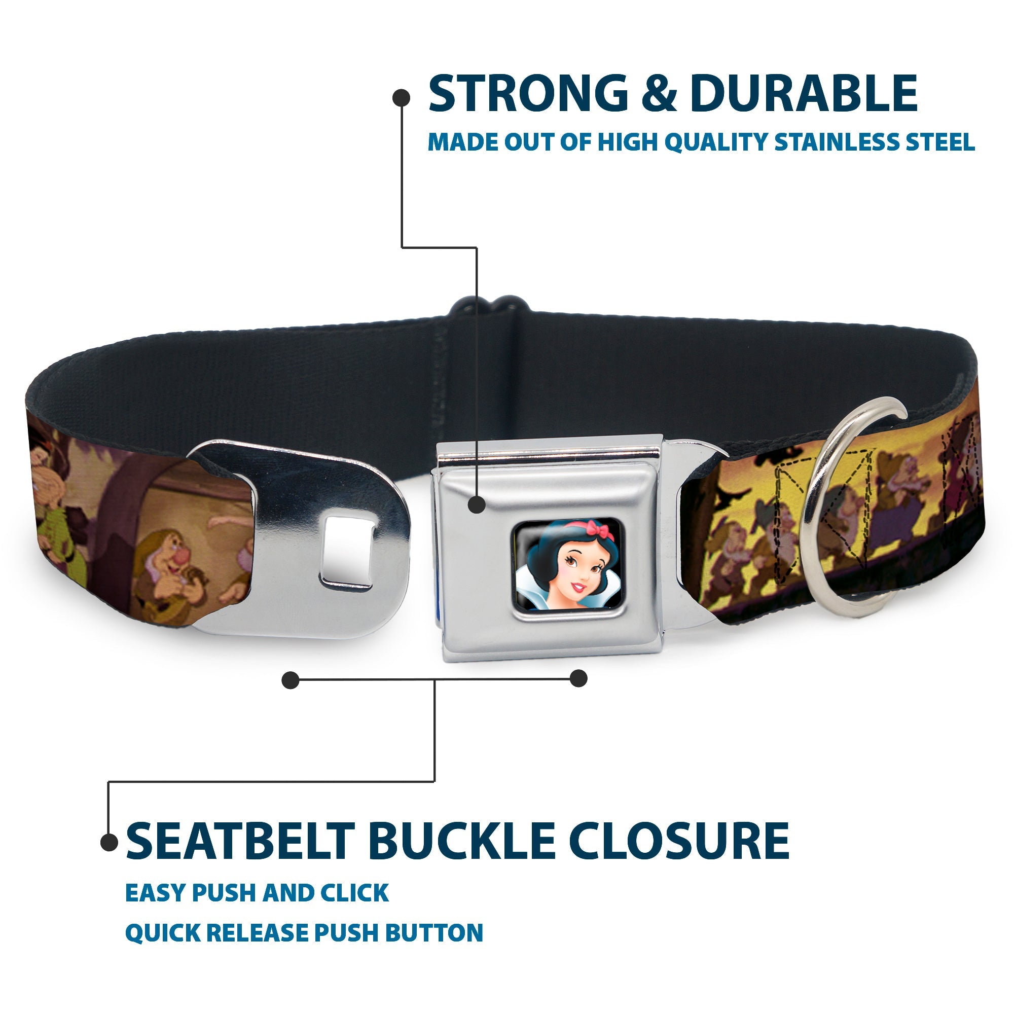 Snow White Full Color Black Seatbelt Buckle Collar - Snow White & the Seven Dwarfs Scenes