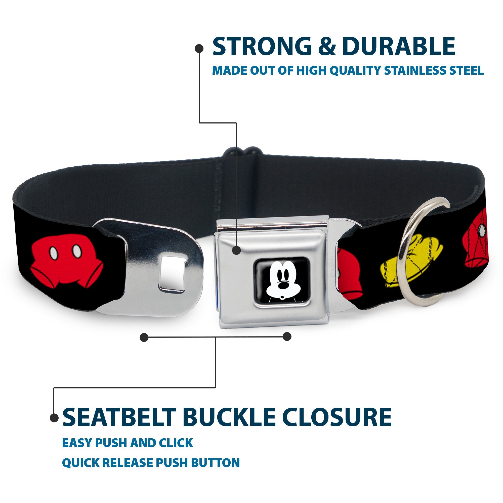 Mickey Mickey Mouse Expression4 Full Color Black/White Seatbelt Buckle Collar - Mickey Mouse Shorts and Shoes Black/Red/Yellow