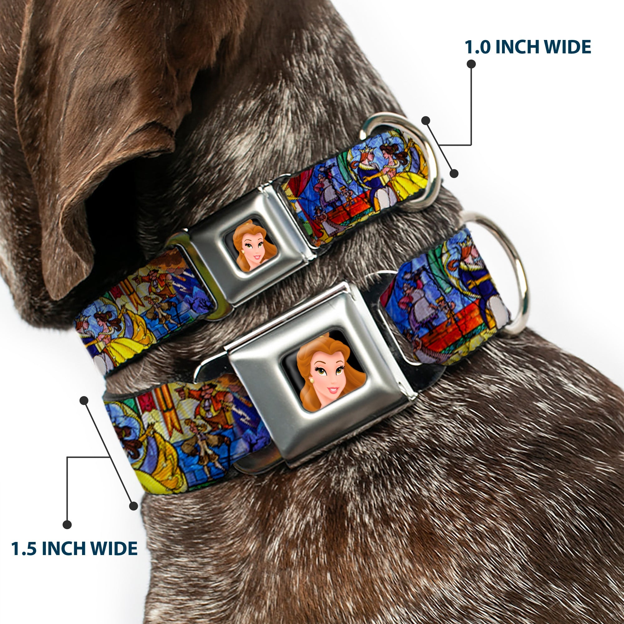 Belle CLOSE-UP Full Color Seatbelt Buckle Collar - Beauty & the Beast Stained Glass Scenes
