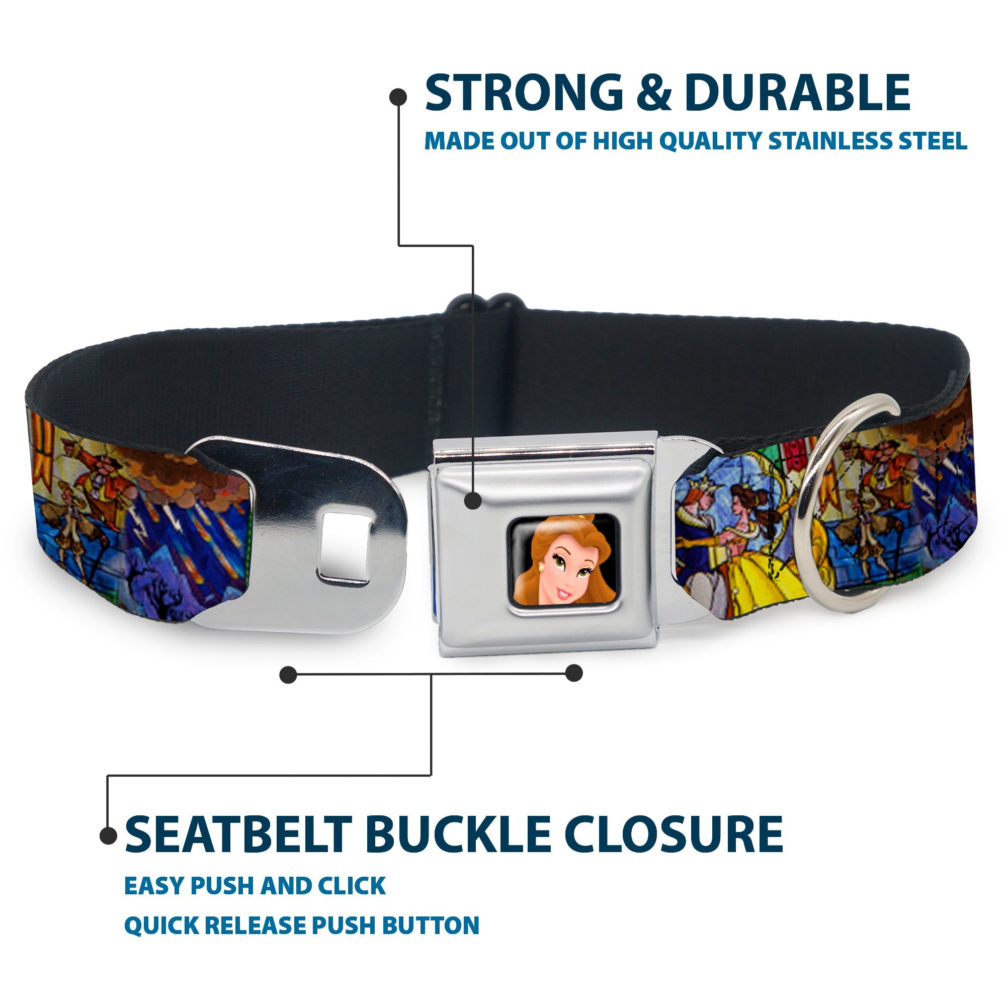 Belle CLOSE-UP Full Color Seatbelt Buckle Collar - Beauty & the Beast Stained Glass Scenes