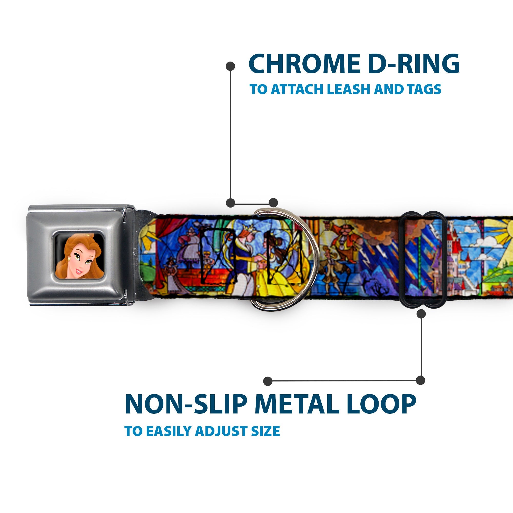 Belle CLOSE-UP Full Color Seatbelt Buckle Collar - Beauty & the Beast Stained Glass Scenes