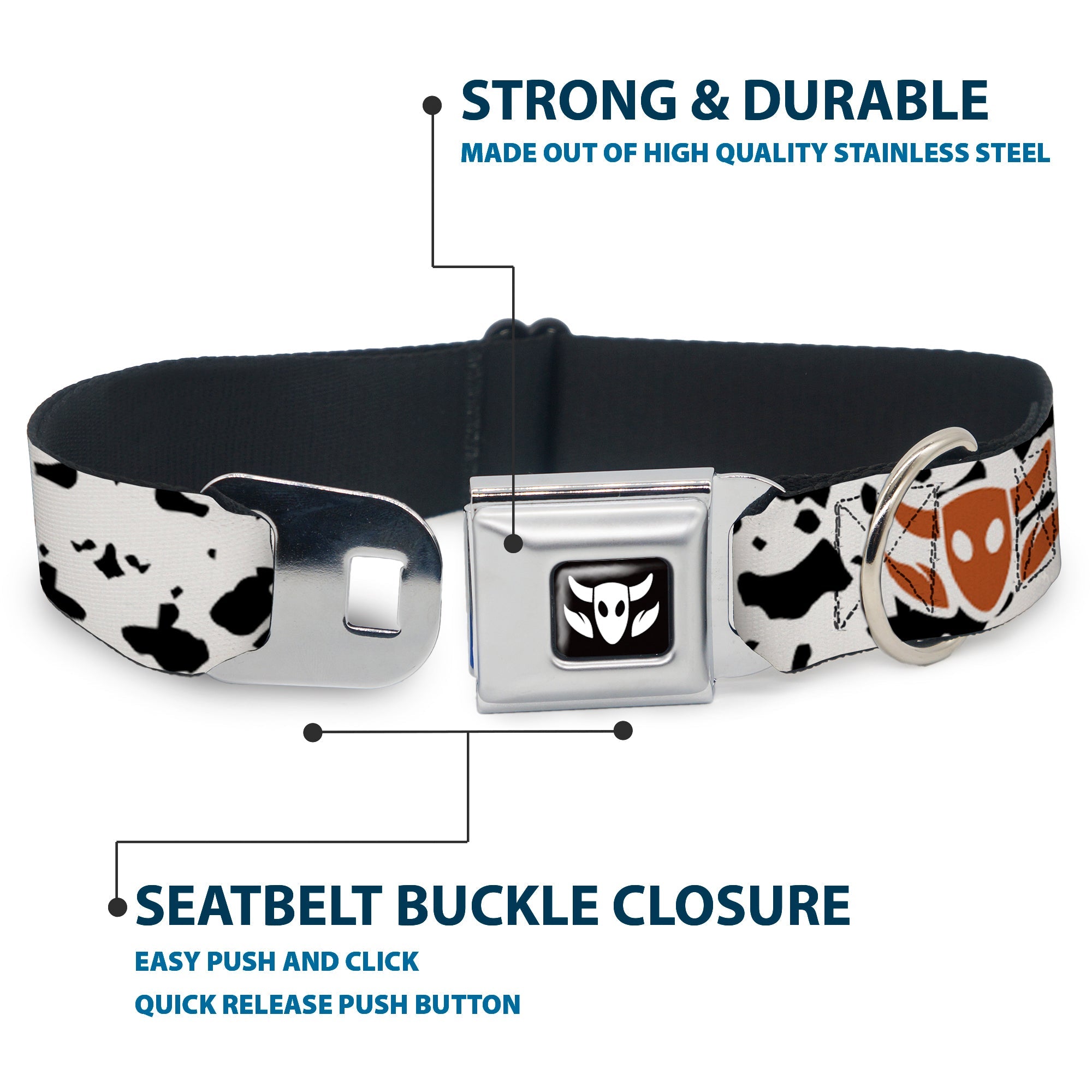 Toy Story Woody Cowboy Bull Icon Full Color Black/White Seatbelt Buckle Collar - Toy Story Woody Bounding Cowboy Cow Print White/Black/Brown