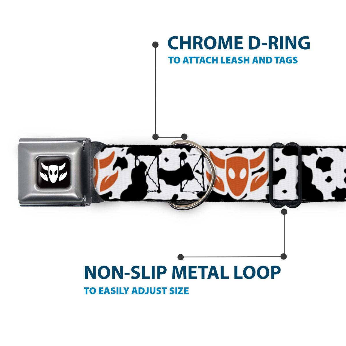 Toy Story Woody Cowboy Bull Icon Full Color Black/White Seatbelt Buckle Collar - Toy Story Woody Bounding Cowboy Cow Print White/Black/Brown