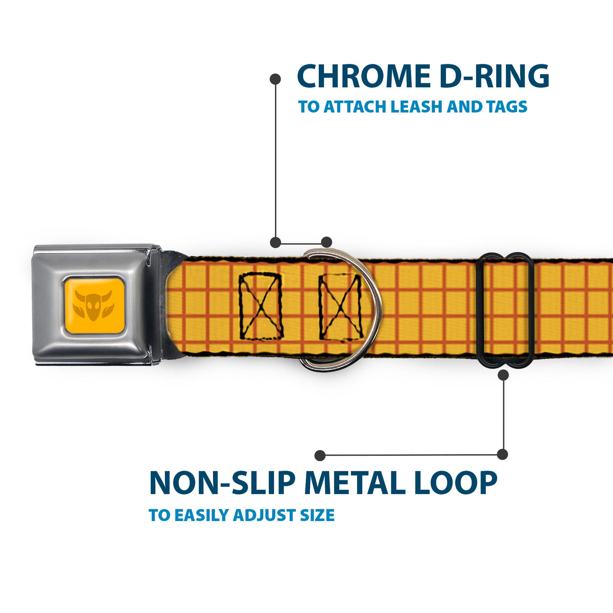 Toy Story Woody Cowboy Buckle Logo Full Color Golds Seatbelt Buckle Collar - Toy Story Woody Bounding Plaid Shirt Gold/Red