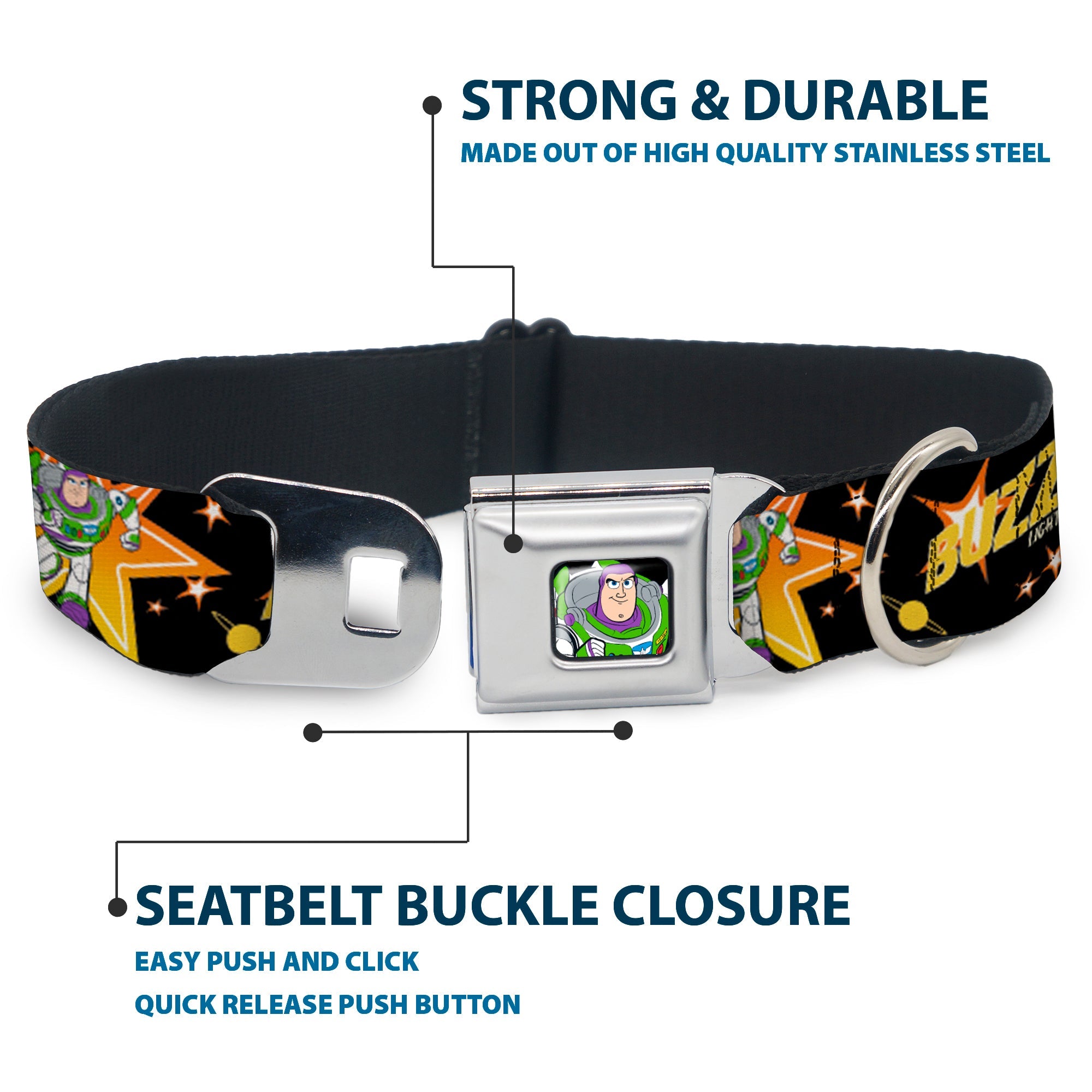 Toy Story Buzz Lightyear Running Pose Full Color Black Seatbelt Buckle Collar - Toy Story BUZZ LIGHTYEAR Running Pose/Stars Black/Orange/Yellow