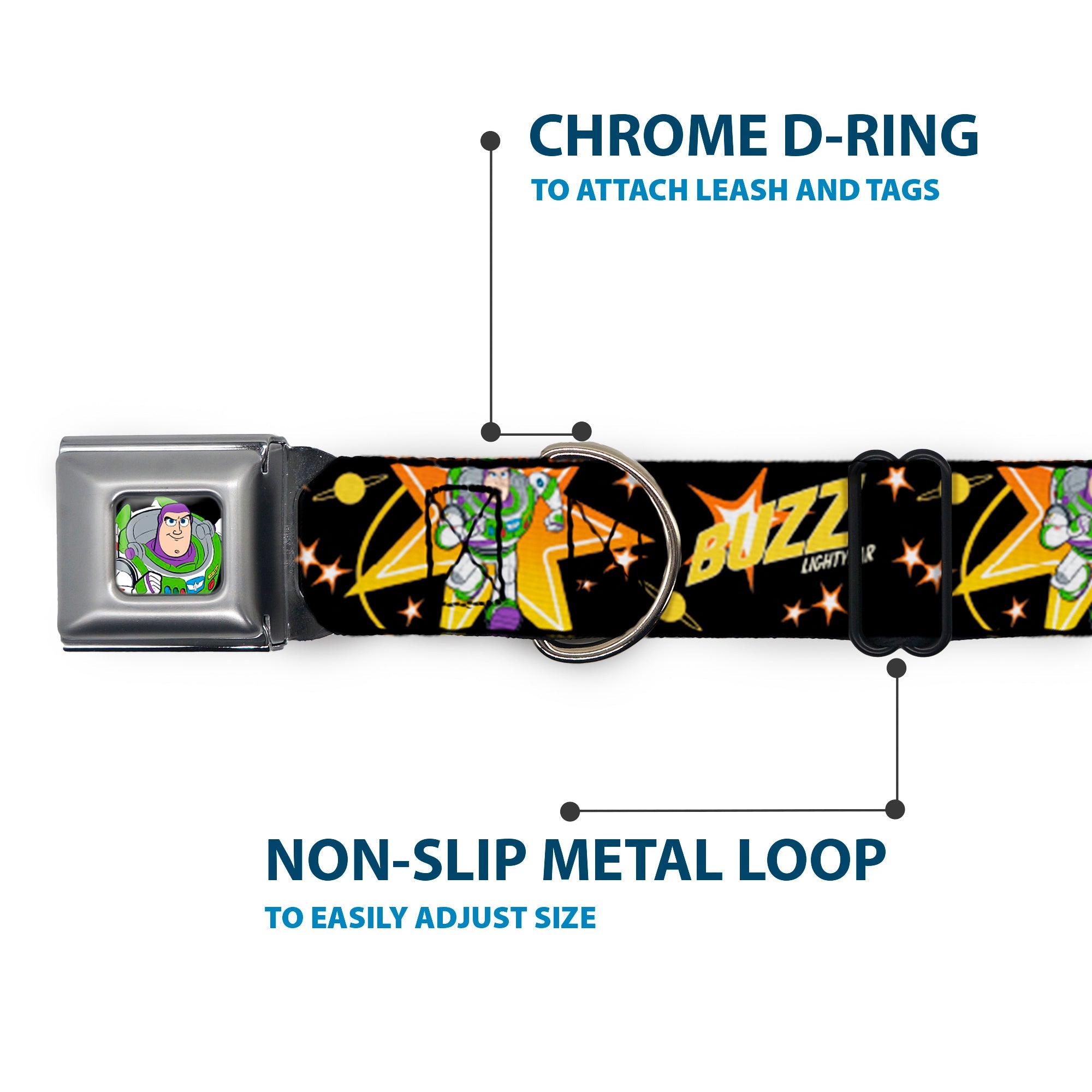 Toy Story Buzz Lightyear Running Pose Full Color Black Seatbelt Buckle Collar - Toy Story BUZZ LIGHTYEAR Running Pose/Stars Black/Orange/Yellow