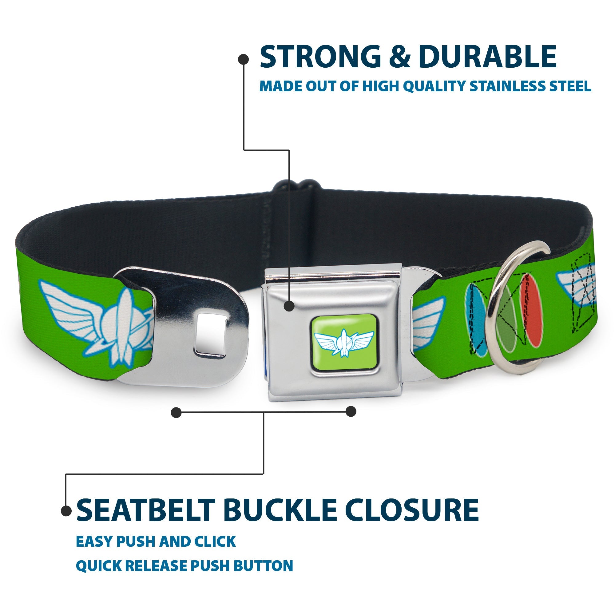 Toy Story Buzz Lightyear Space Ranger Wings Icon Full Color Green/Blue/White Seatbelt Buckle Collar - Toy Story Buzz Lightyear Bounding Space Ranger Logo/Buttons Green/White/Blue/Red
