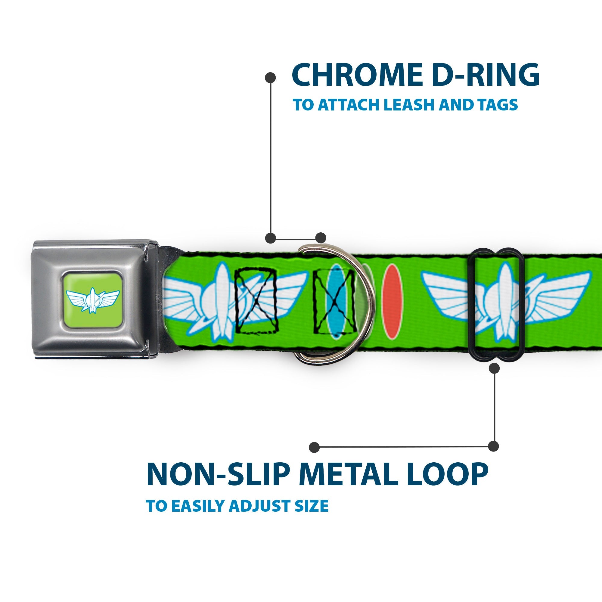 Toy Story Buzz Lightyear Space Ranger Wings Icon Full Color Green/Blue/White Seatbelt Buckle Collar - Toy Story Buzz Lightyear Bounding Space Ranger Logo/Buttons Green/White/Blue/Red