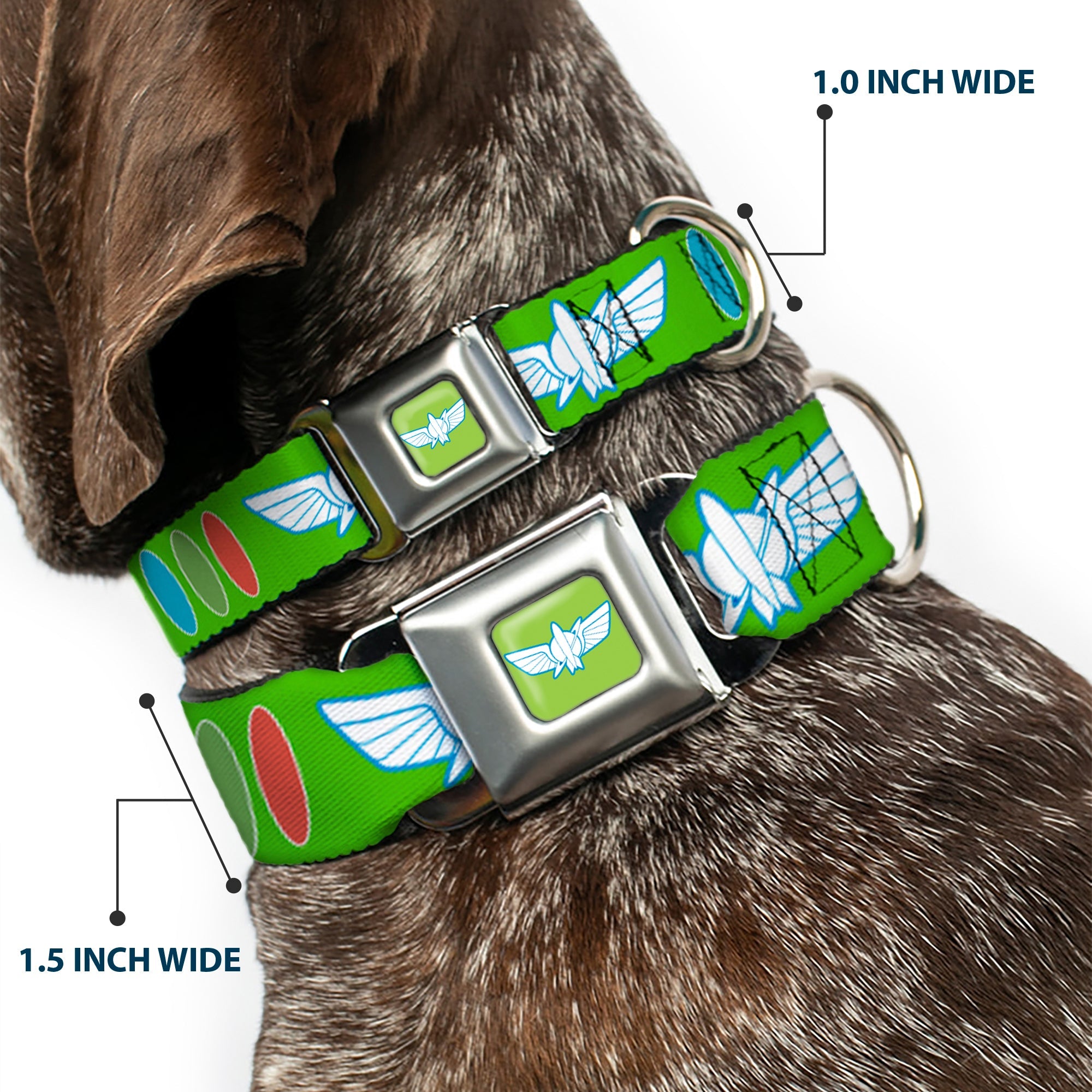 Toy Story Buzz Lightyear Space Ranger Wings Icon Full Color Green/Blue/White Seatbelt Buckle Collar - Toy Story Buzz Lightyear Bounding Space Ranger Logo/Buttons Green/White/Blue/Red