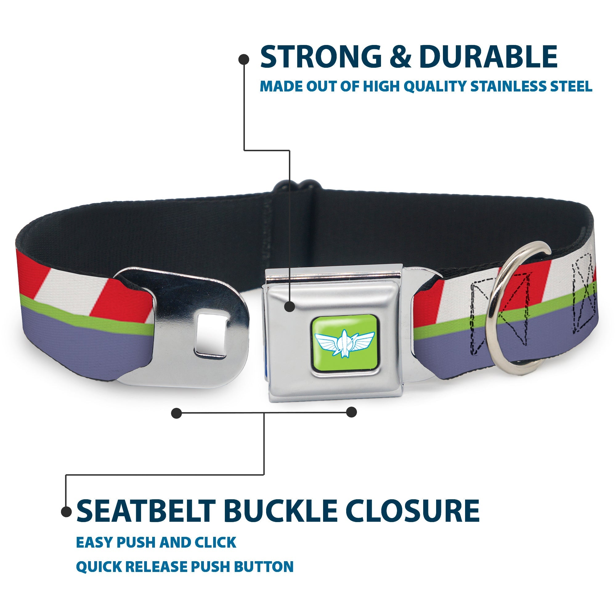 Toy Story Buzz Lightyear Space Ranger Wings Icon Full Color Green/Blue/White Seatbelt Buckle Collar - Toy Story Buzz Lightyear Space Ranger Logo/Striping Red/White/Green/Purple