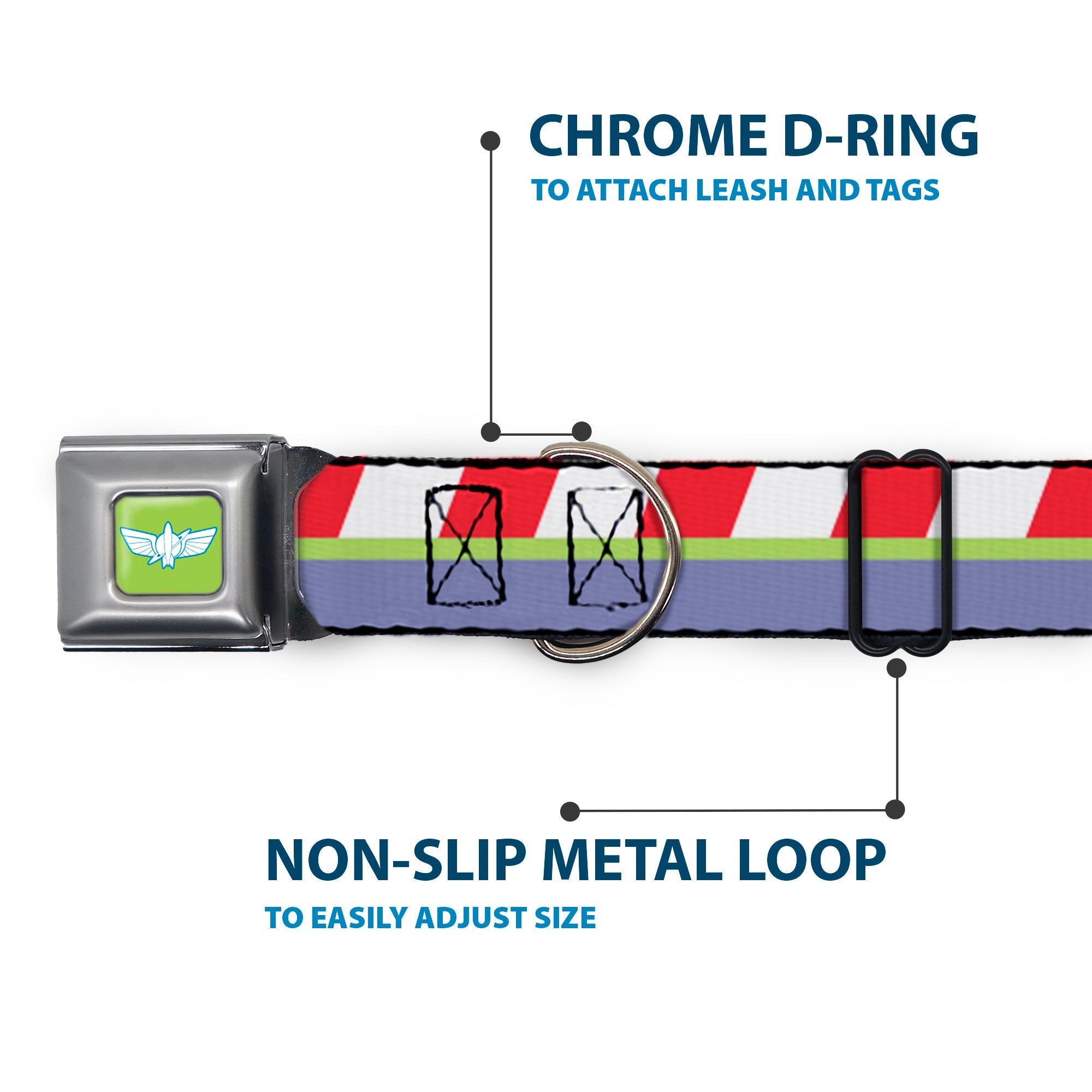 Toy Story Buzz Lightyear Space Ranger Wings Icon Full Color Green/Blue/White Seatbelt Buckle Collar - Toy Story Buzz Lightyear Space Ranger Logo/Striping Red/White/Green/Purple