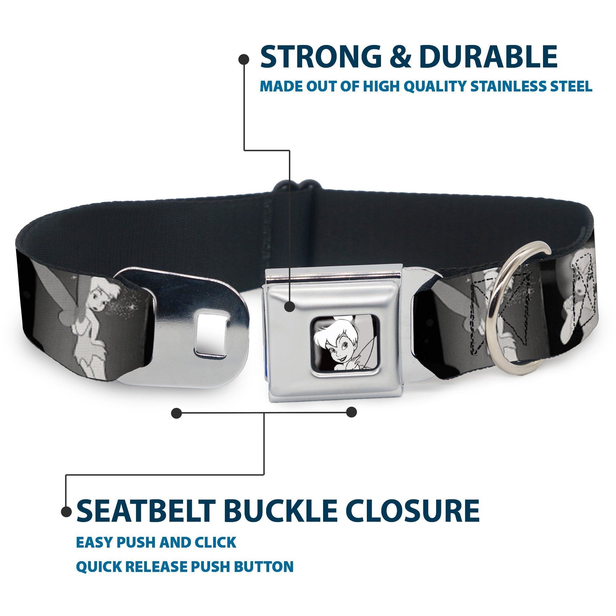 Tinker Bell CLOSE-UP Full Color Black White Seatbelt Buckle Collar - Tinker Bell Scenes Black/White