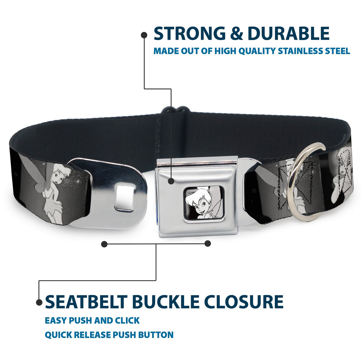 Tinker Bell CLOSE-UP Full Color Black White Seatbelt Buckle Collar - Tinker Bell Scenes Black/White