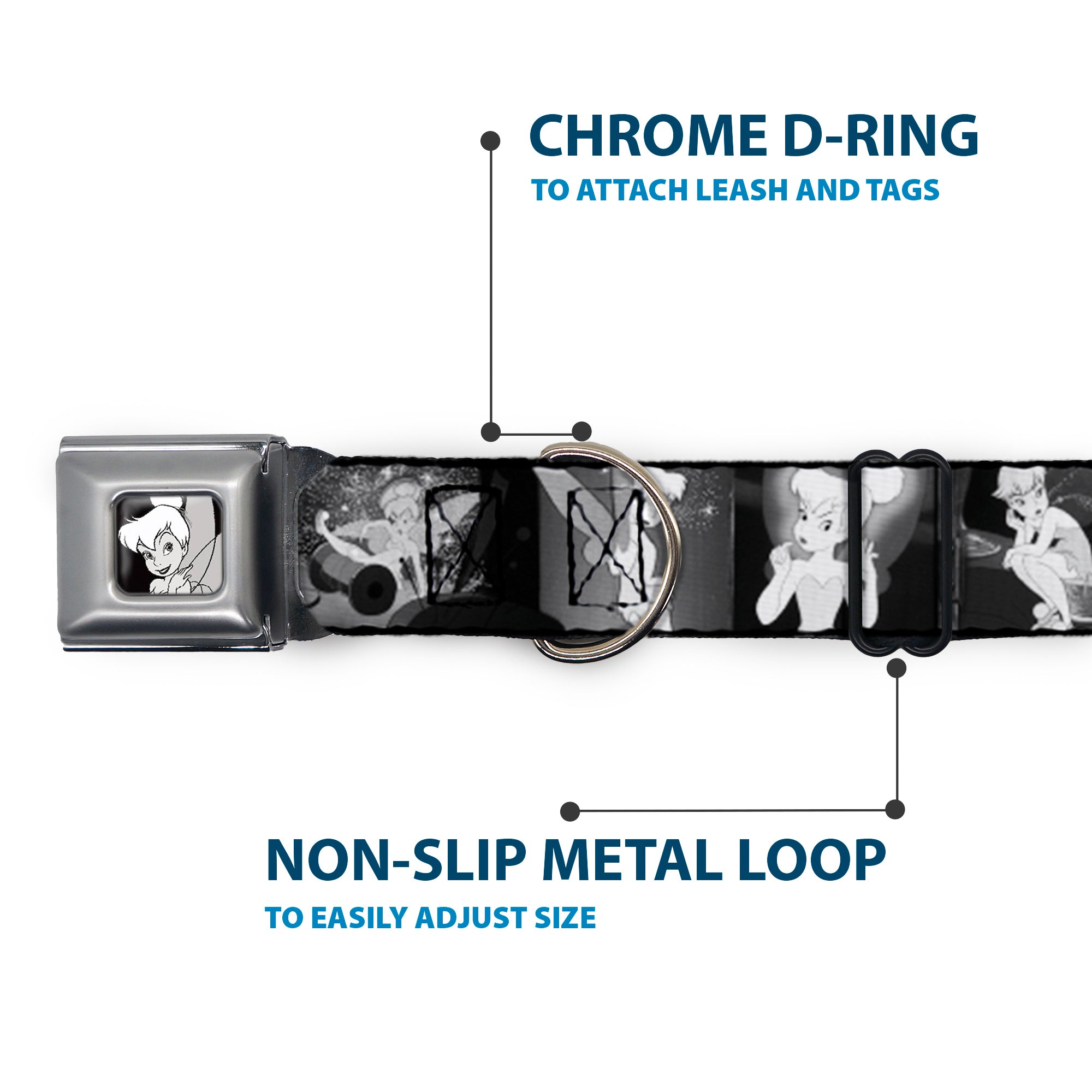 Tinker Bell CLOSE-UP Full Color Black White Seatbelt Buckle Collar - Tinker Bell Scenes Black/White