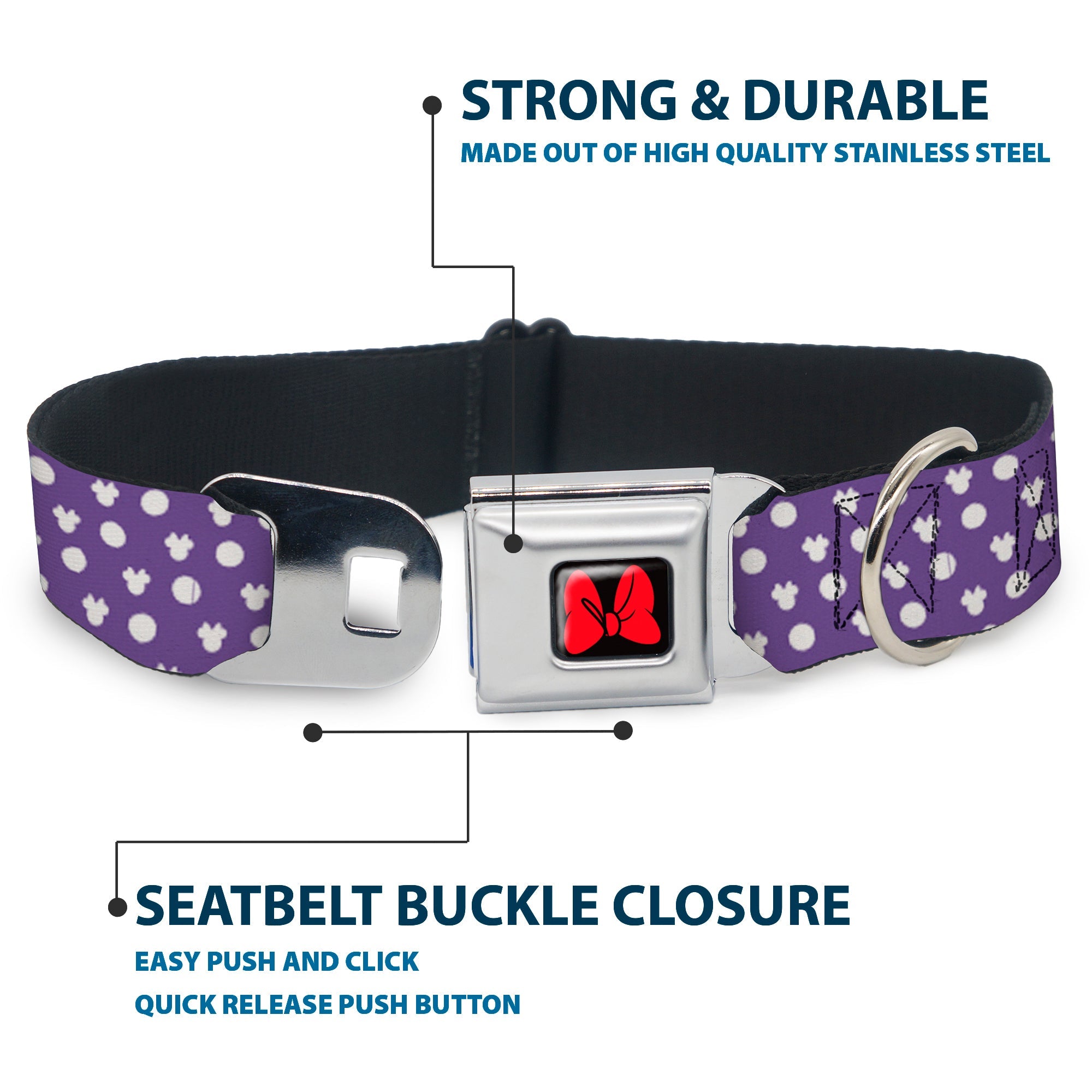 Dog Collar DYYR-Minnie Mouse Bow Full Color Black/Red - Minnie Mouse Ears Monogram/Dots Purple/White