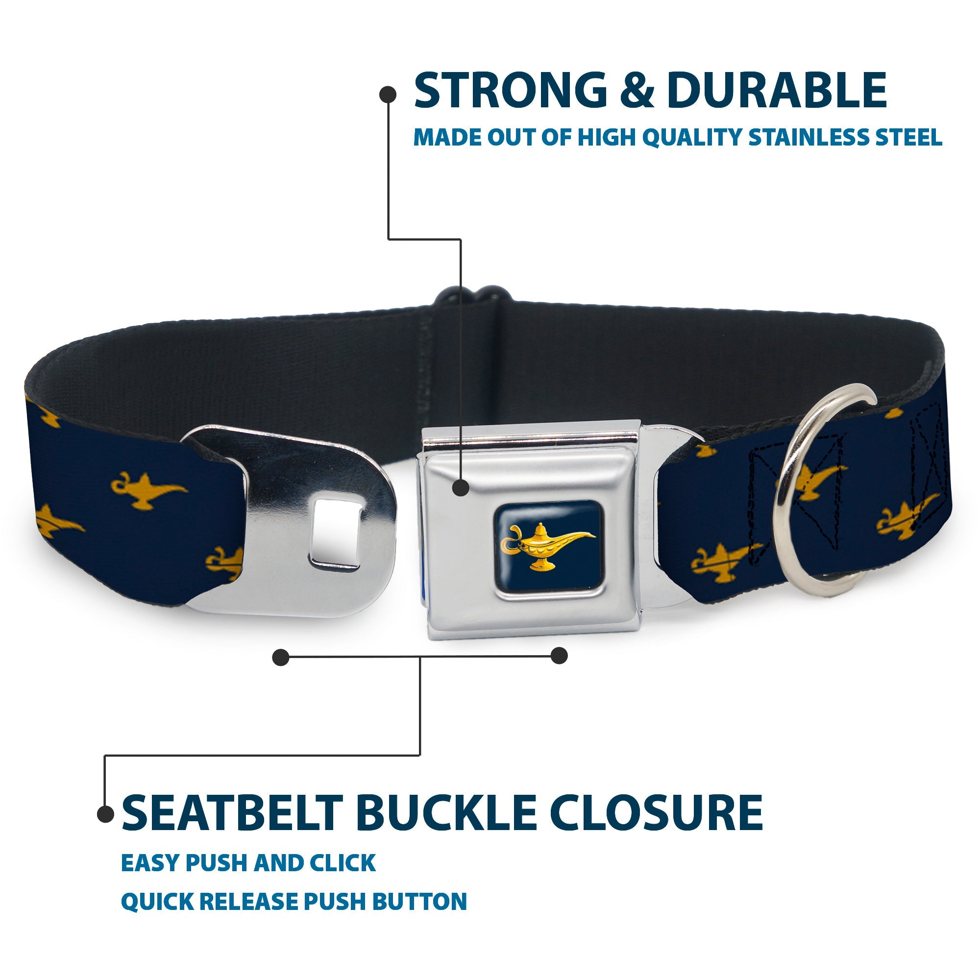 Aladdin 2019 Magic Lamp Full Color Navy/Golds Seatbelt Buckle Collar - Aladdin Genie Lamp Monogram Navy/Gold