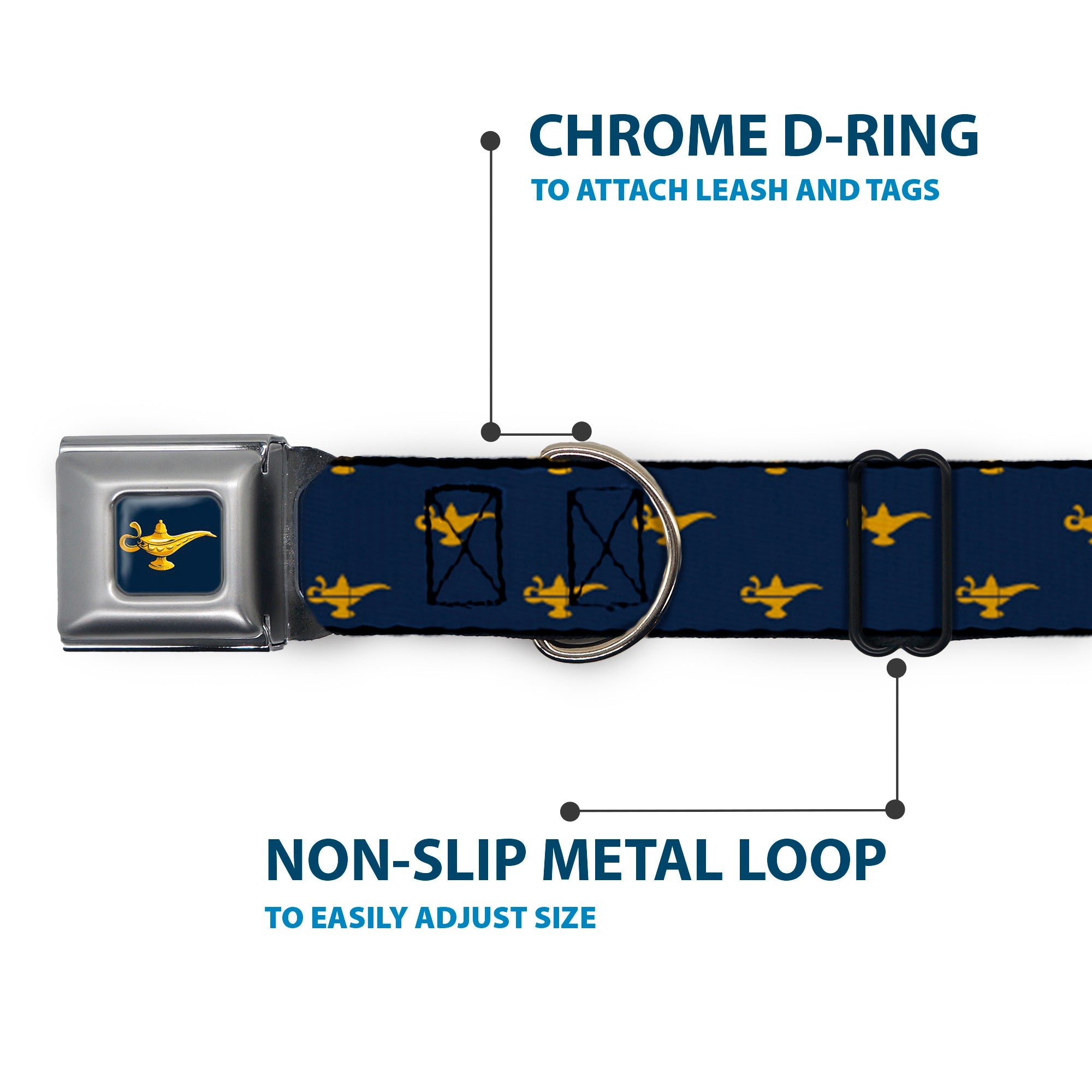 Aladdin 2019 Magic Lamp Full Color Navy/Golds Seatbelt Buckle Collar - Aladdin Genie Lamp Monogram Navy/Gold