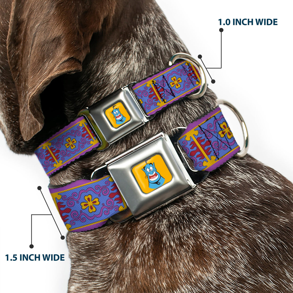 Classic Aladdin Genie Smiling Expression Full Color Yellow Seatbelt Buckle Collar - Classic Aladdin Magic Carpet Tapestry Blue/Purple/Gold/Red