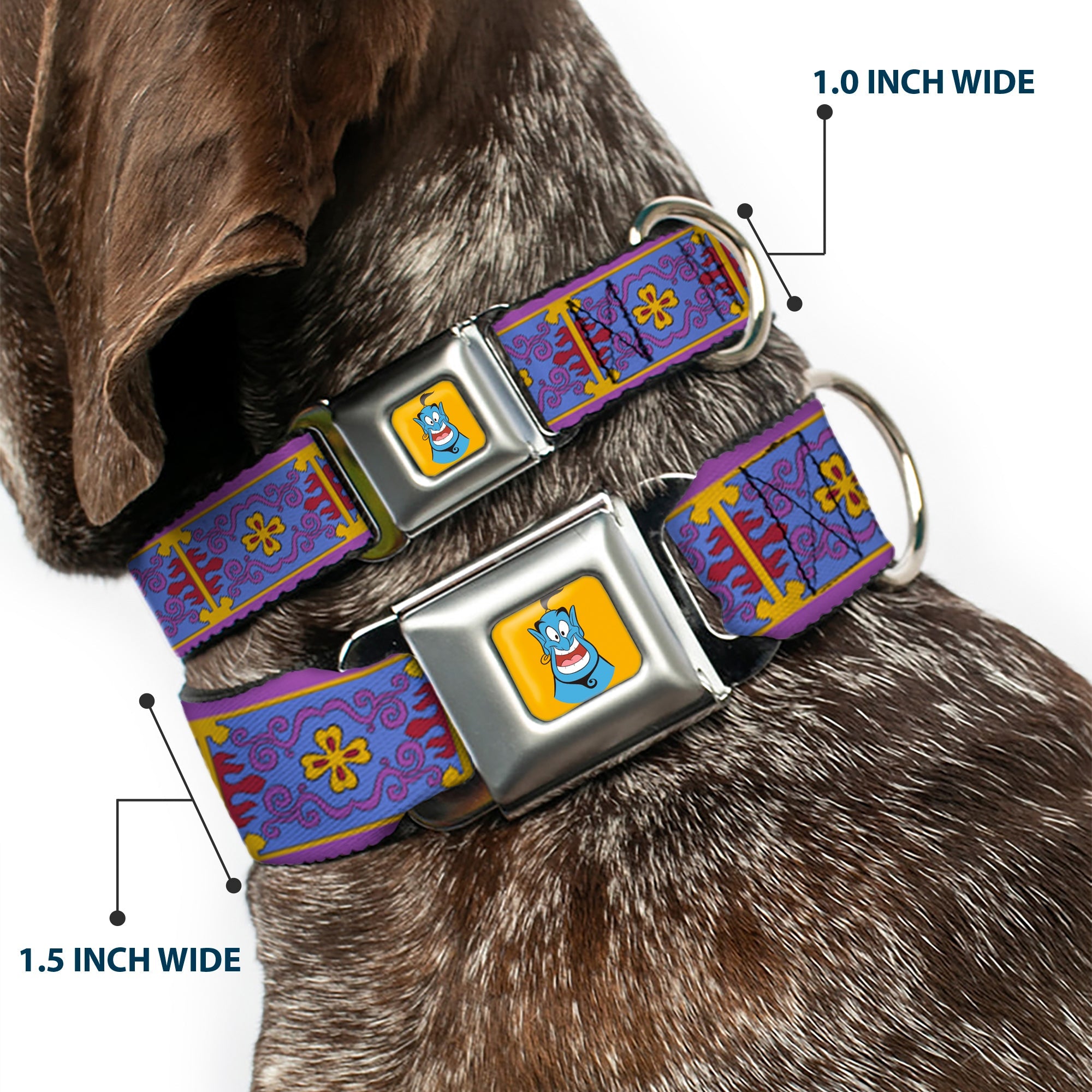 Classic Aladdin Genie Smiling Expression Full Color Yellow Seatbelt Buckle Collar - Classic Aladdin Magic Carpet Tapestry Blue/Purple/Gold/Red