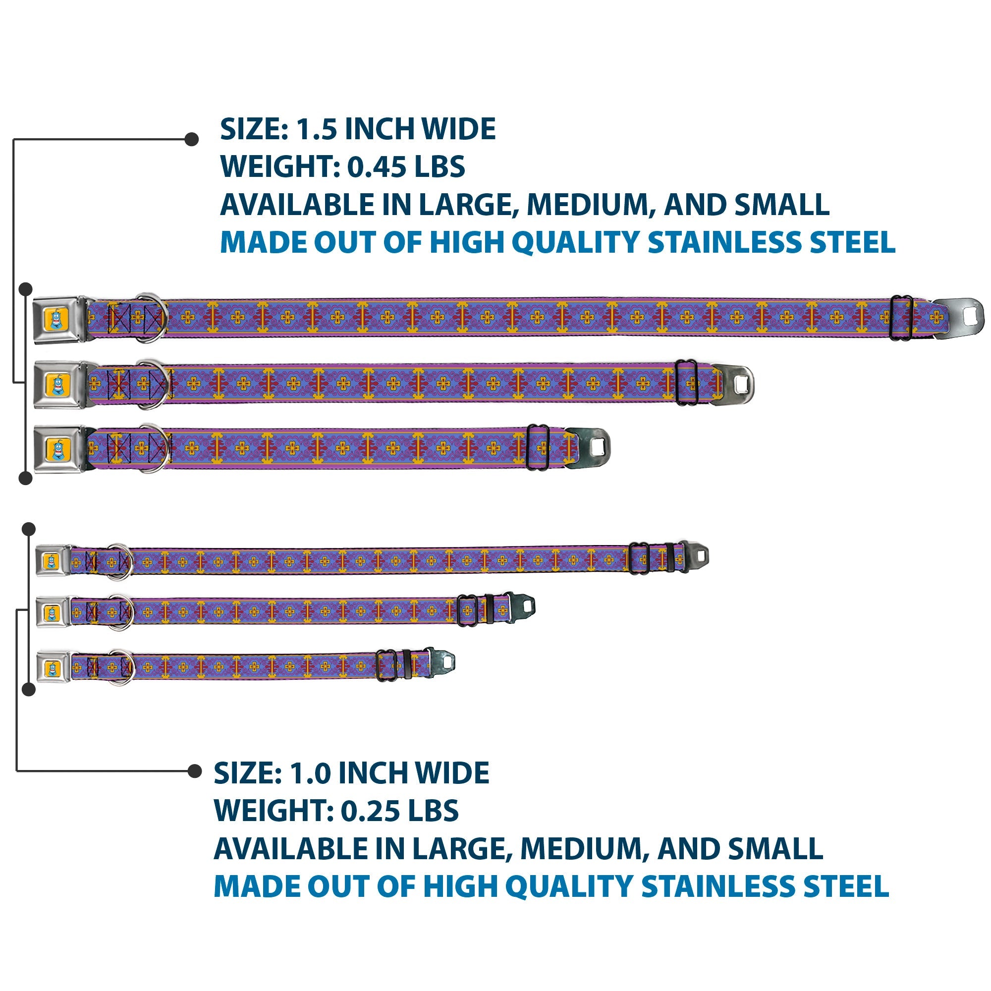 Classic Aladdin Genie Smiling Expression Full Color Yellow Seatbelt Buckle Collar - Classic Aladdin Magic Carpet Tapestry Blue/Purple/Gold/Red