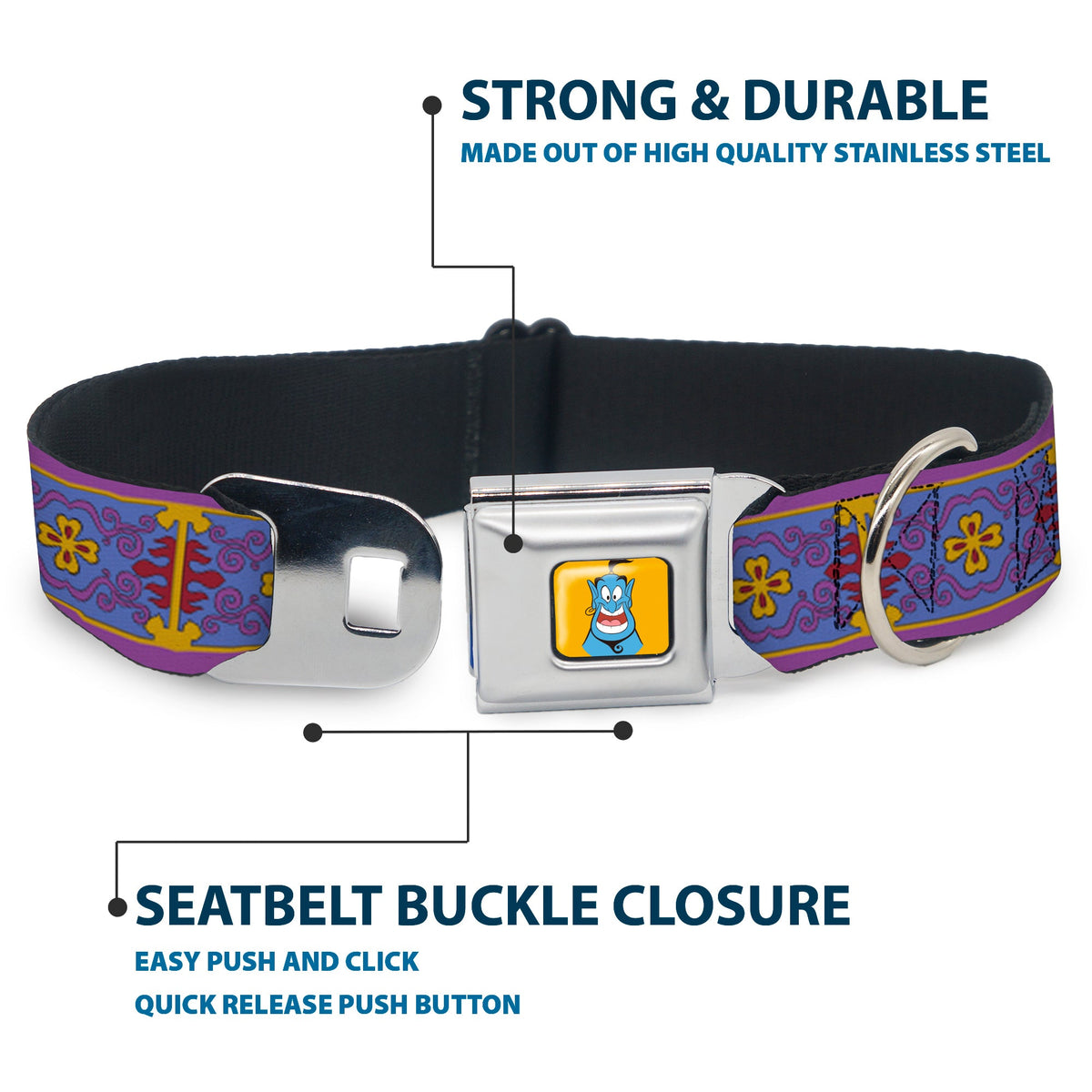 Classic Aladdin Genie Smiling Expression Full Color Yellow Seatbelt Buckle Collar - Classic Aladdin Magic Carpet Tapestry Blue/Purple/Gold/Red