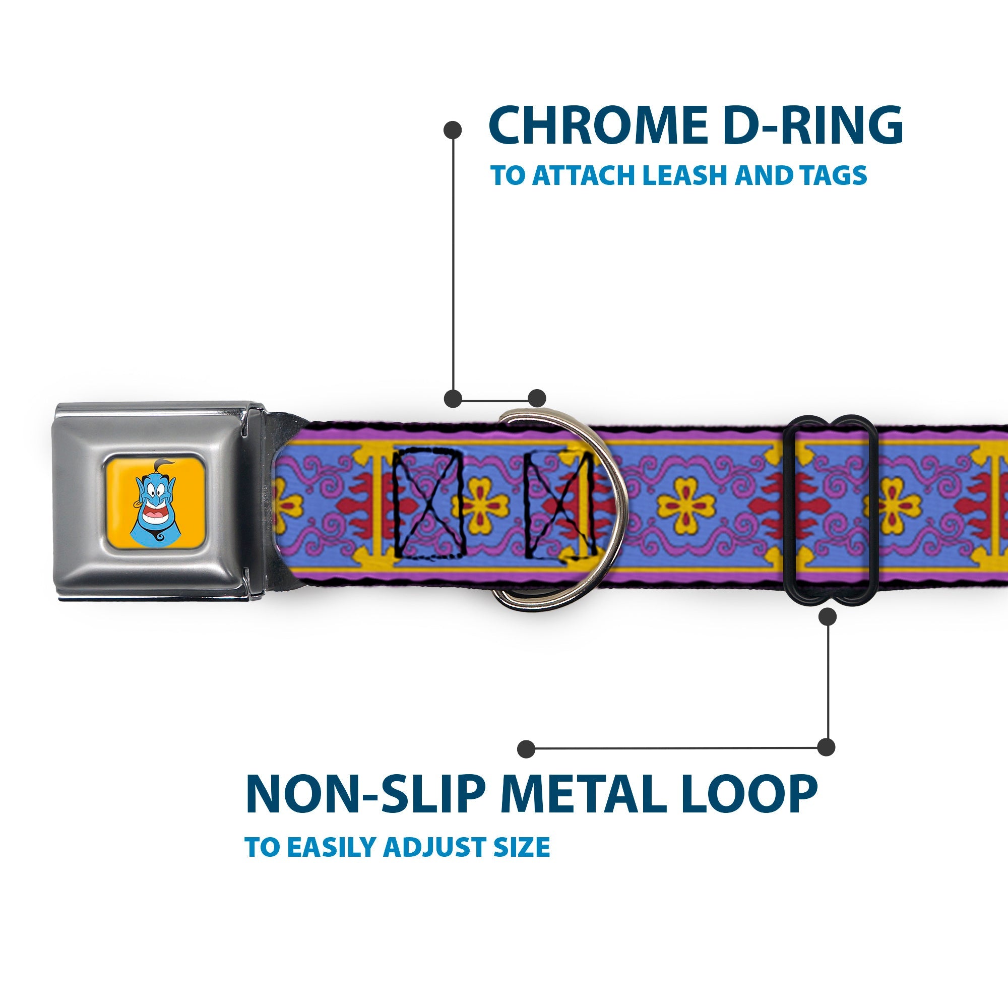 Classic Aladdin Genie Smiling Expression Full Color Yellow Seatbelt Buckle Collar - Classic Aladdin Magic Carpet Tapestry Blue/Purple/Gold/Red