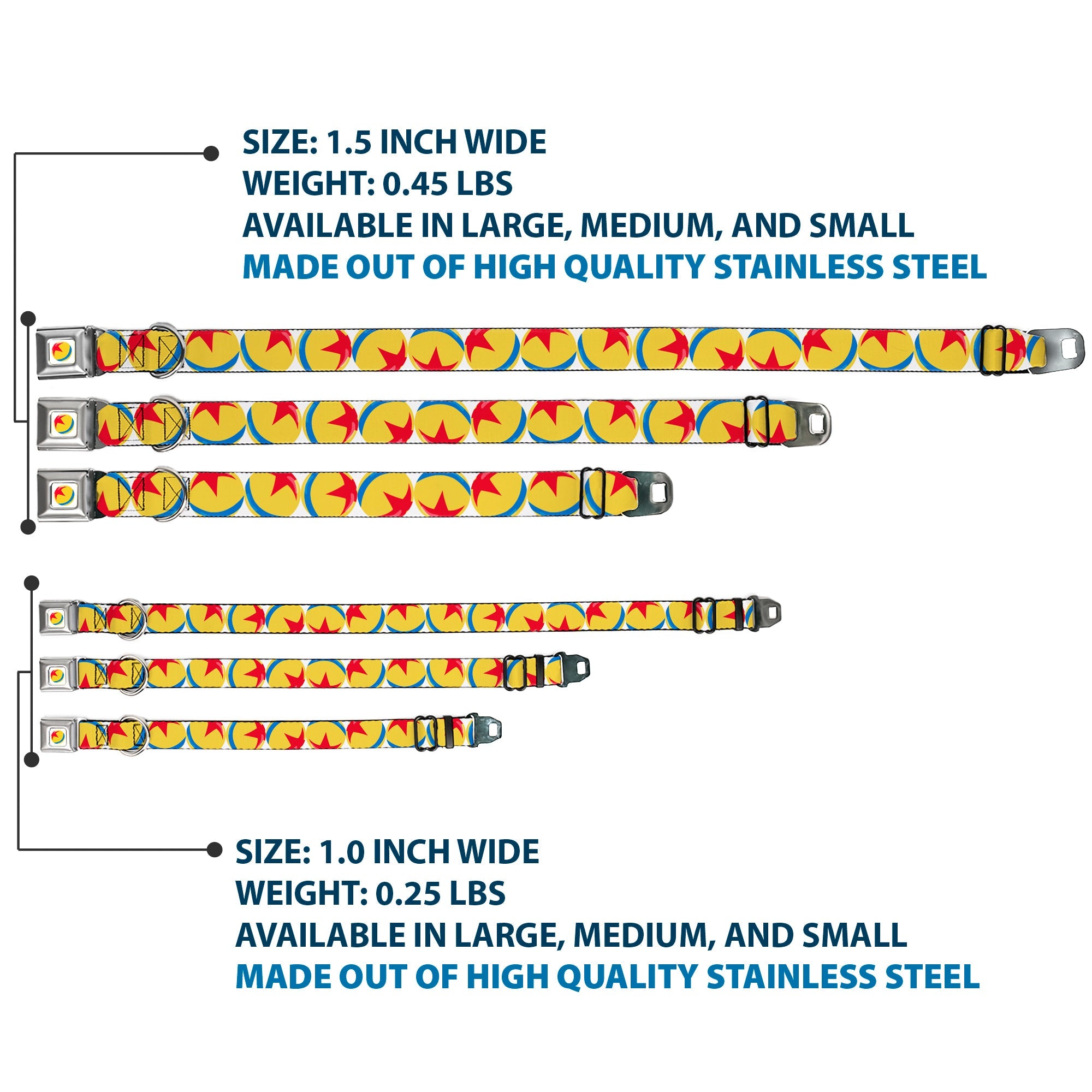 Disney Pixar Luxo Ball Full Color White/Yellow/Blue/Red Seatbelt Buckle Collar - Disney Pixar Luxo Ball Repeat White/Yellow/Blue/Red