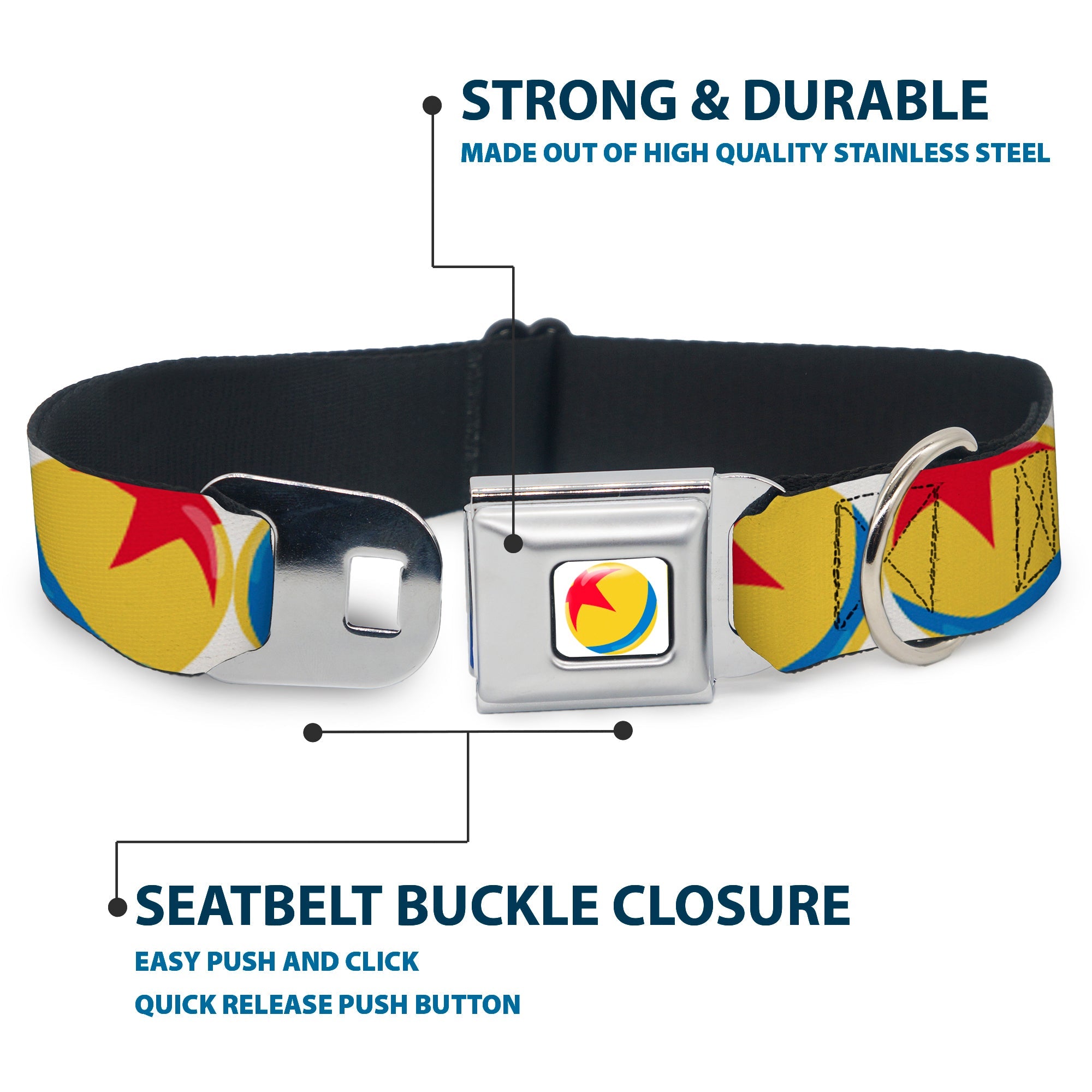 Disney Pixar Luxo Ball Full Color White/Yellow/Blue/Red Seatbelt Buckle Collar - Disney Pixar Luxo Ball Repeat White/Yellow/Blue/Red