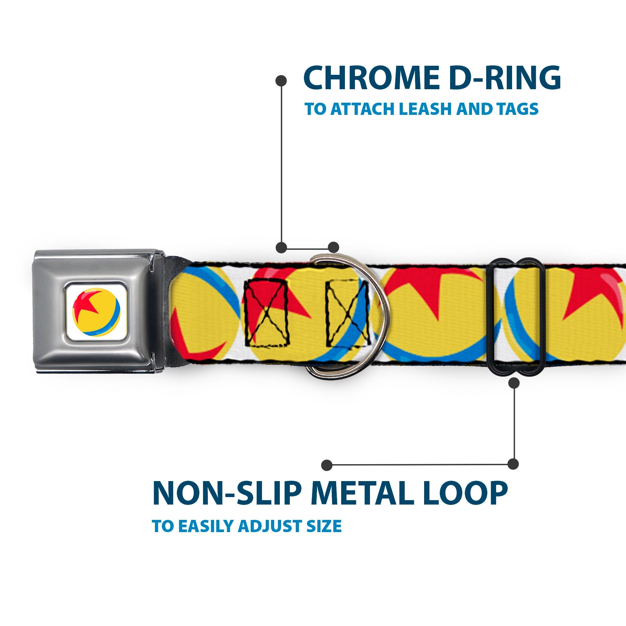 Disney Pixar Luxo Ball Full Color White/Yellow/Blue/Red Seatbelt Buckle Collar - Disney Pixar Luxo Ball Repeat White/Yellow/Blue/Red