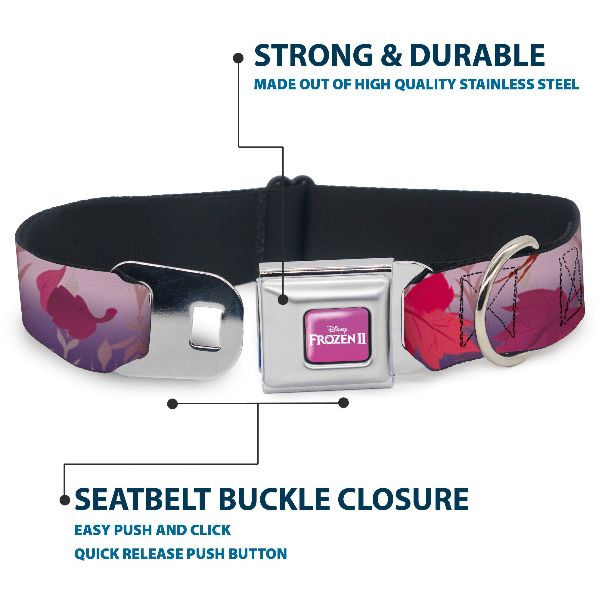 Disney FROZEN II Logo Full Color Purple/White Seatbelt Buckle Collar - Frozen II Swirling Leaves/Floral Trim Purples/Reds