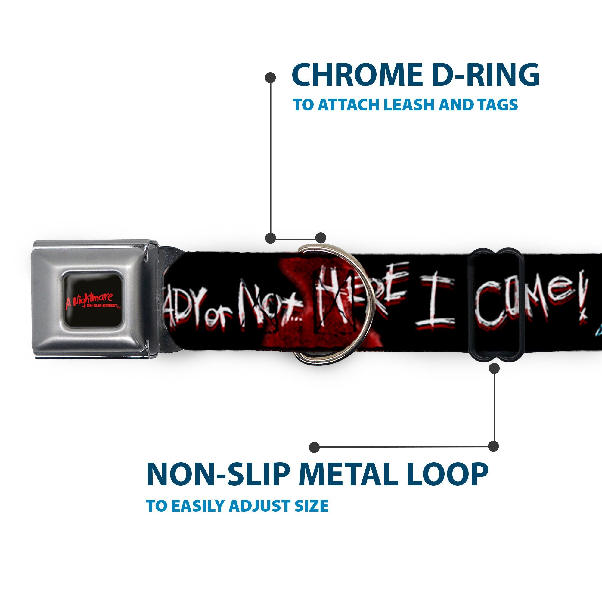 Buckle-Down A Nightmare On Elm Street Black/Blood Splatter Reds & Ready Or Not Here I Come/Freddy Silhouette Seatbelt Buckle Dog Collar