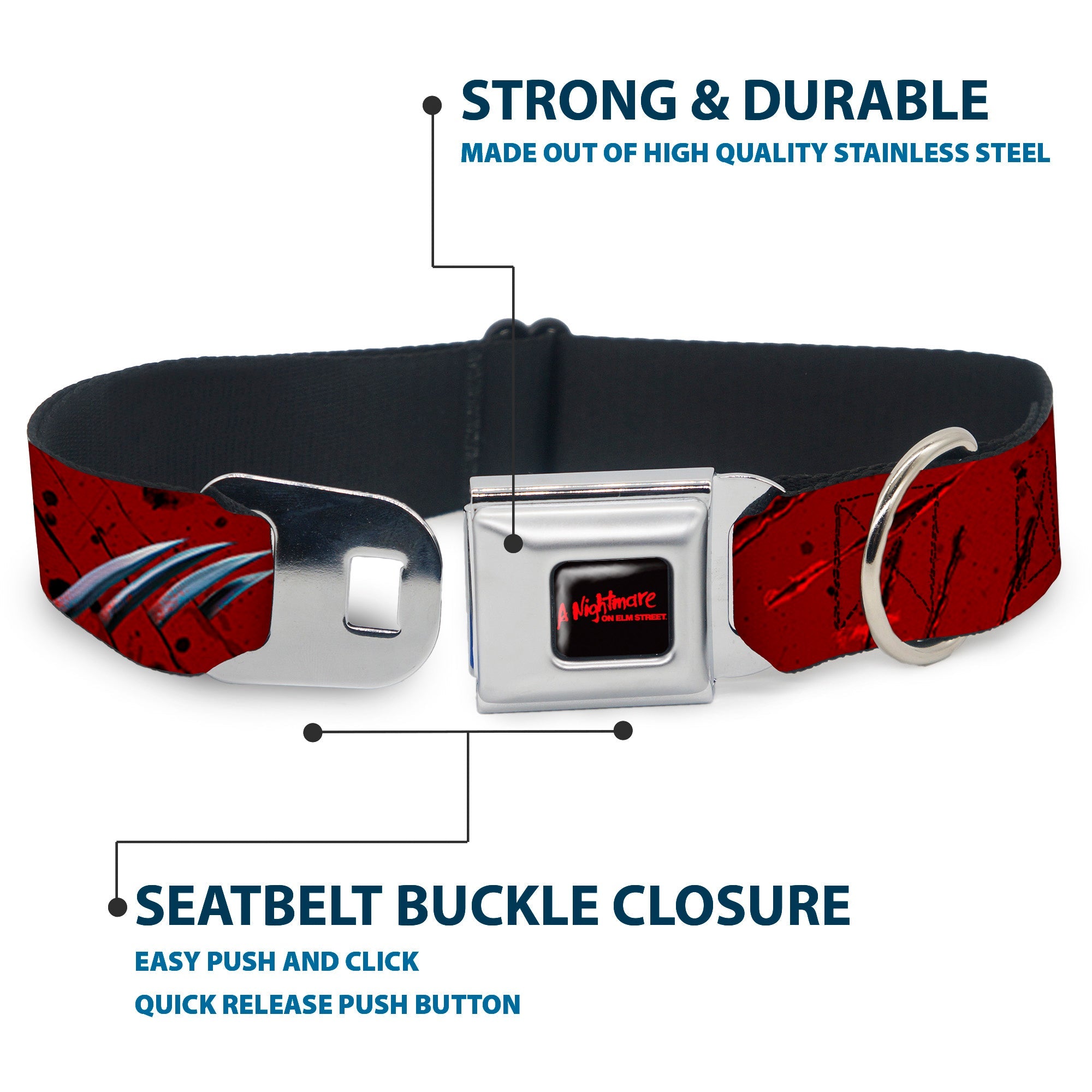 Buckle-Down A Nightmare On Elm Street Black/Blood Splatter Reds & Street/Freddys Hand Scratching Reds/Black/Gray Seatbelt Buckle Dog Collar